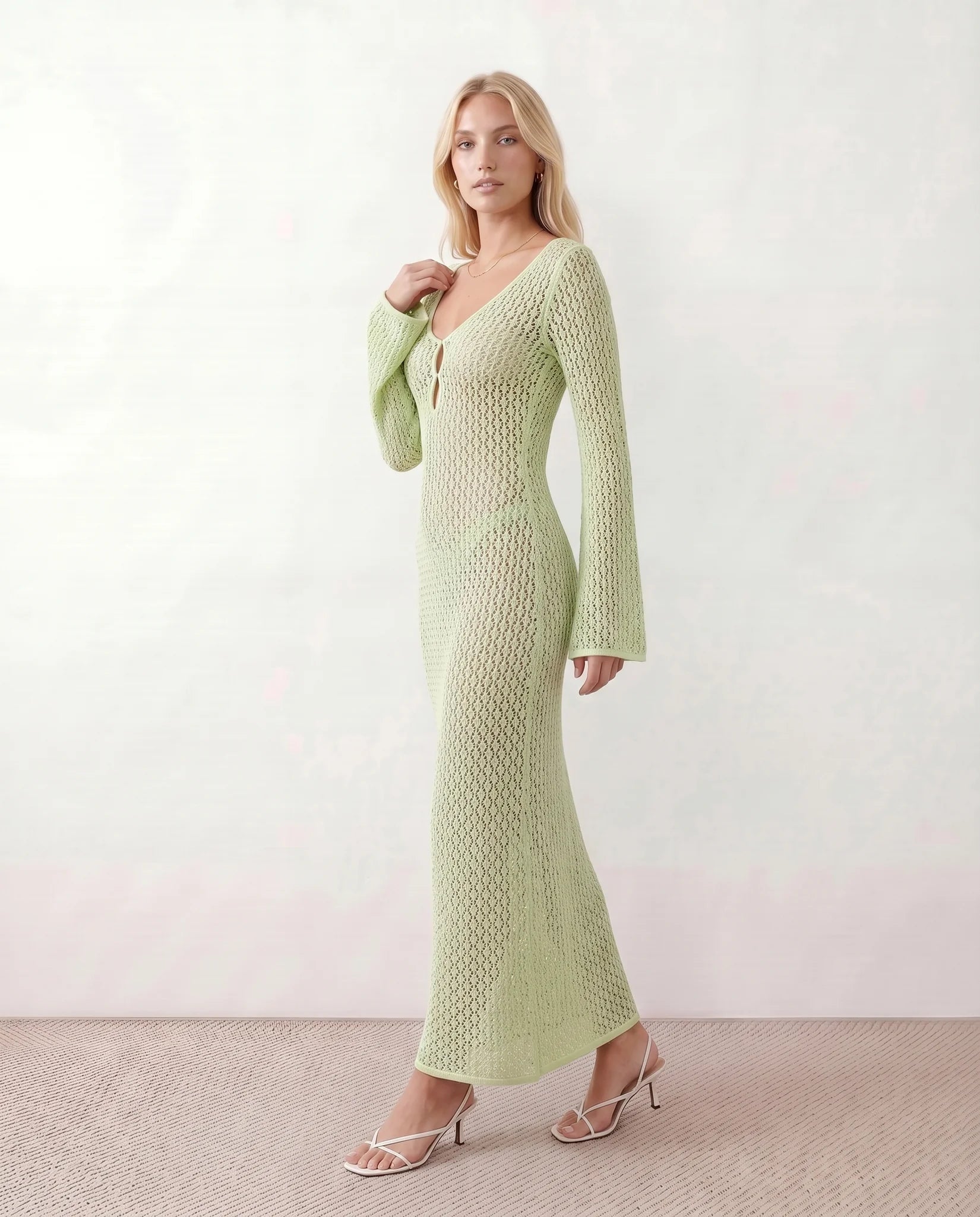 Calixta Party Crochet Maxi Dress in Green — side view