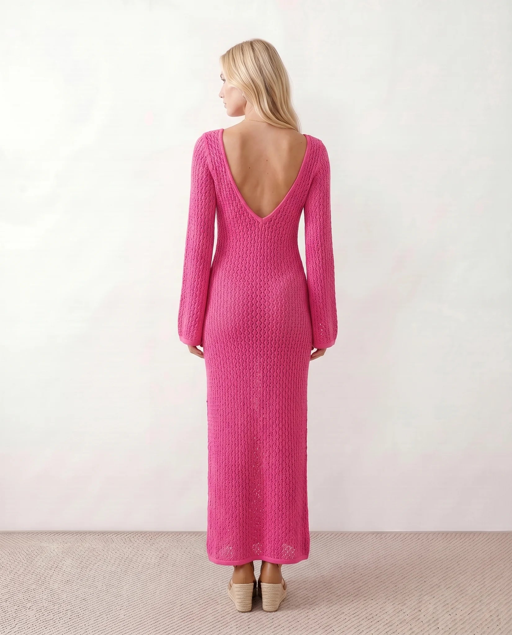 Calixta Party Crochet Maxi Dress in Pink — back view