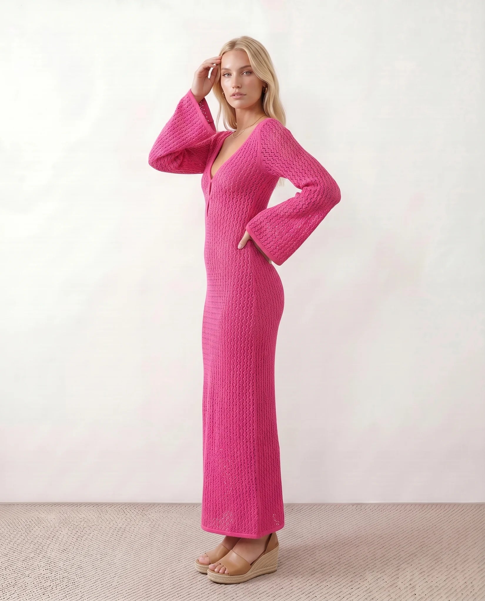 Calixta Party Crochet Maxi Dress in Pink — side view
