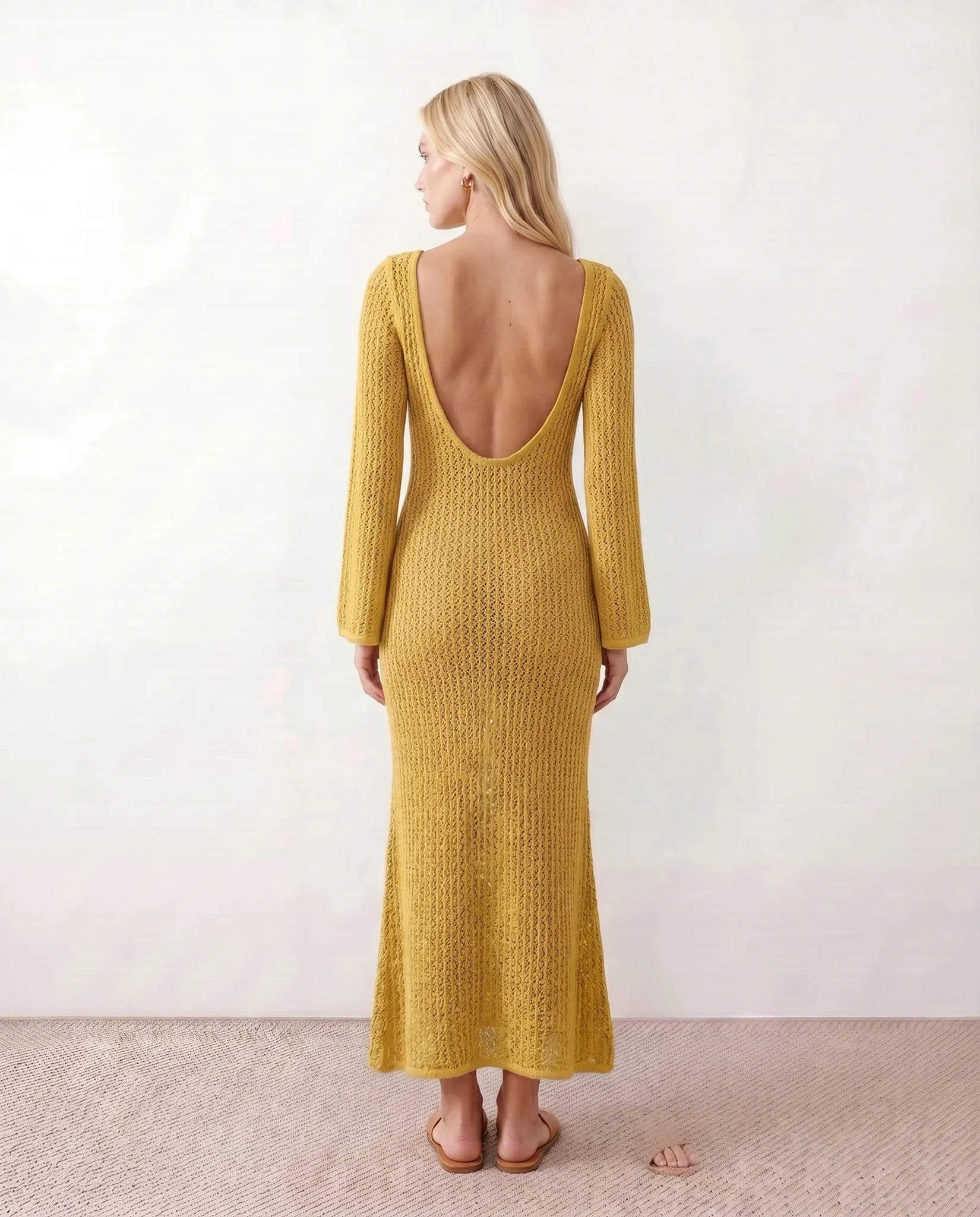 Calixta Party Crochet Maxi Dress in Yellow — back view