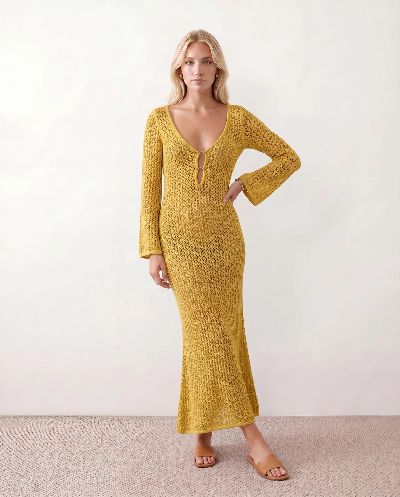 Calixta Party Crochet Maxi Dress in Yellow — front view