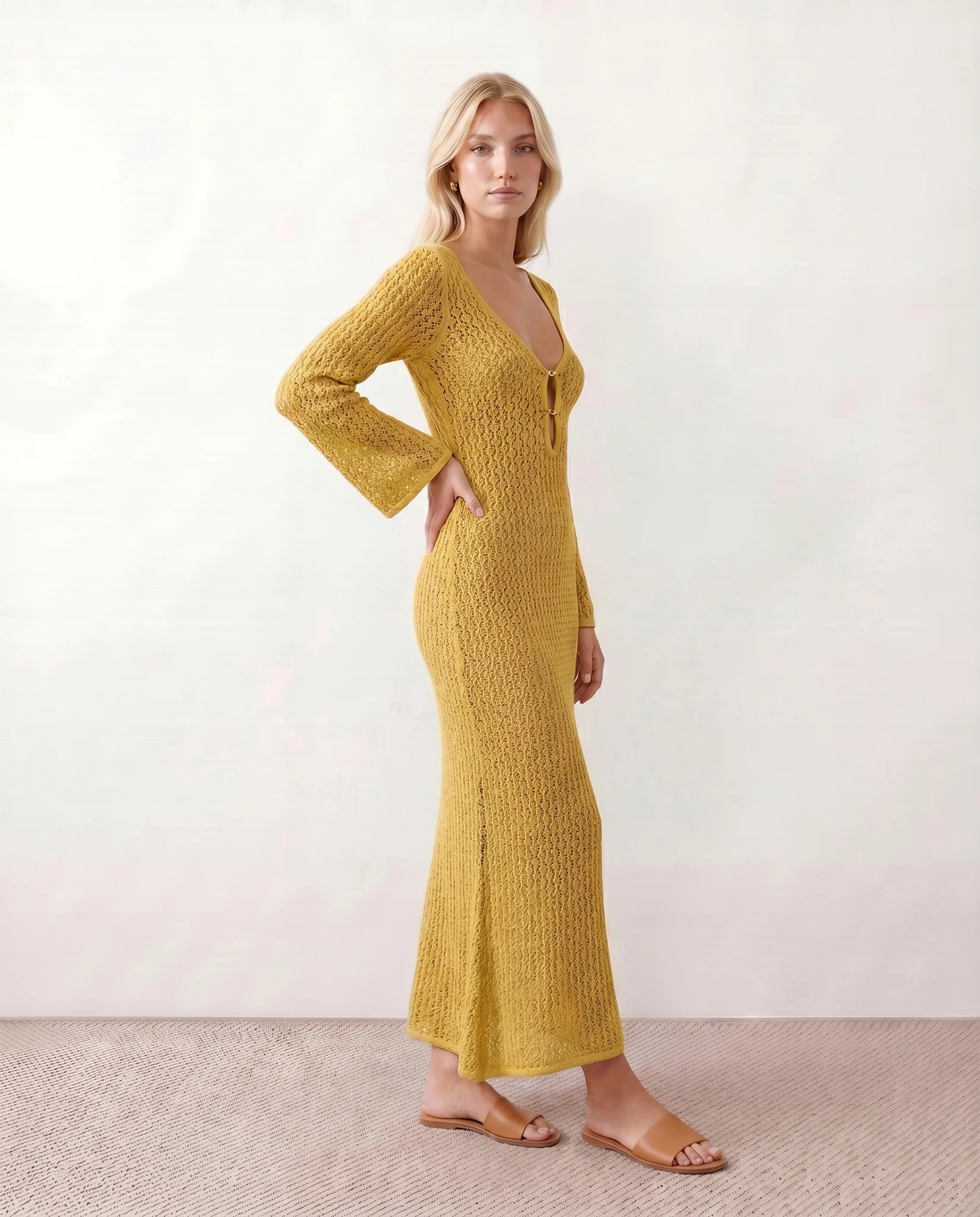 Calixta Party Crochet Maxi Dress in Yellow — side view