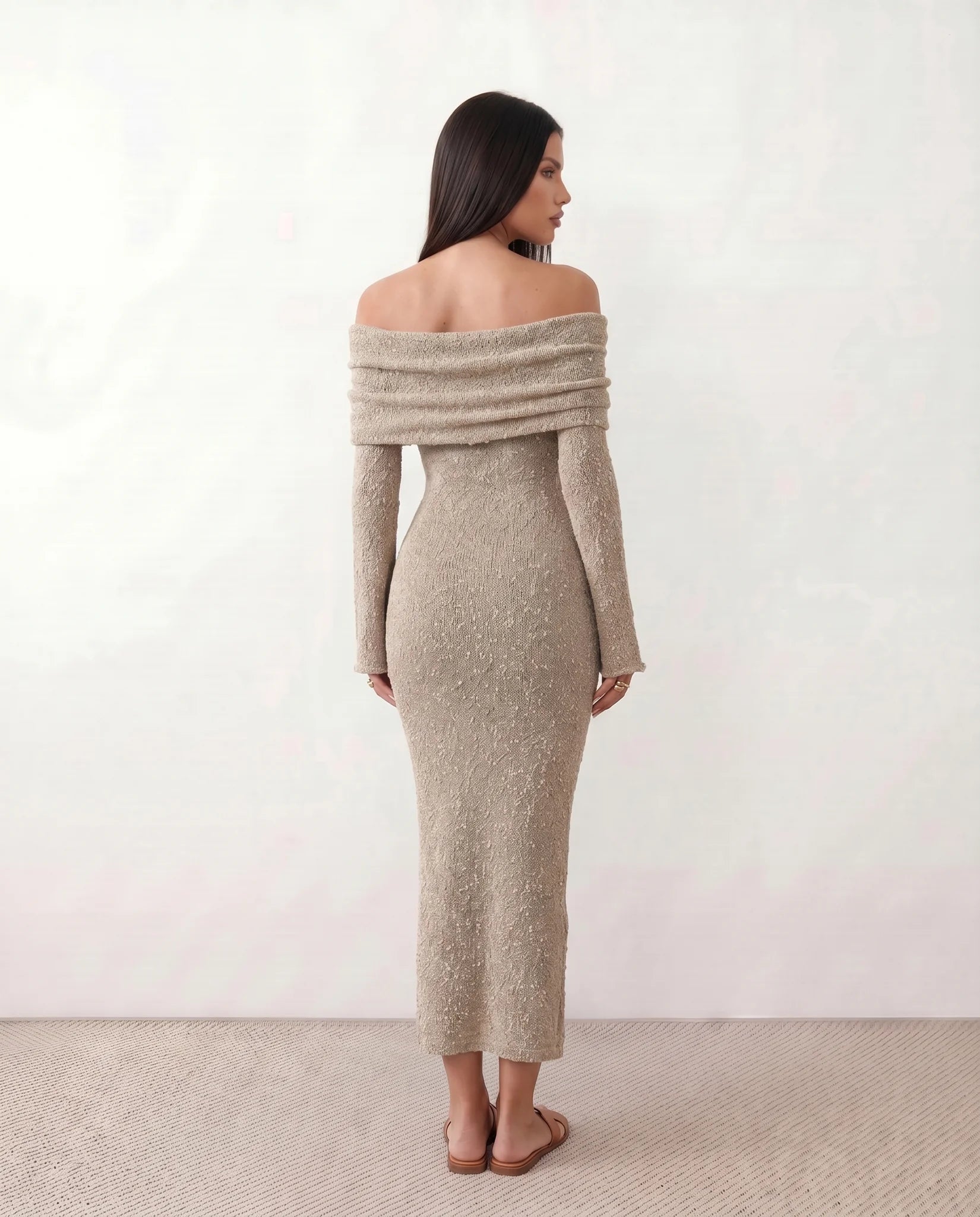 Iustina Cocktail Off Shoulder Maxi Dress in Beige — back view
