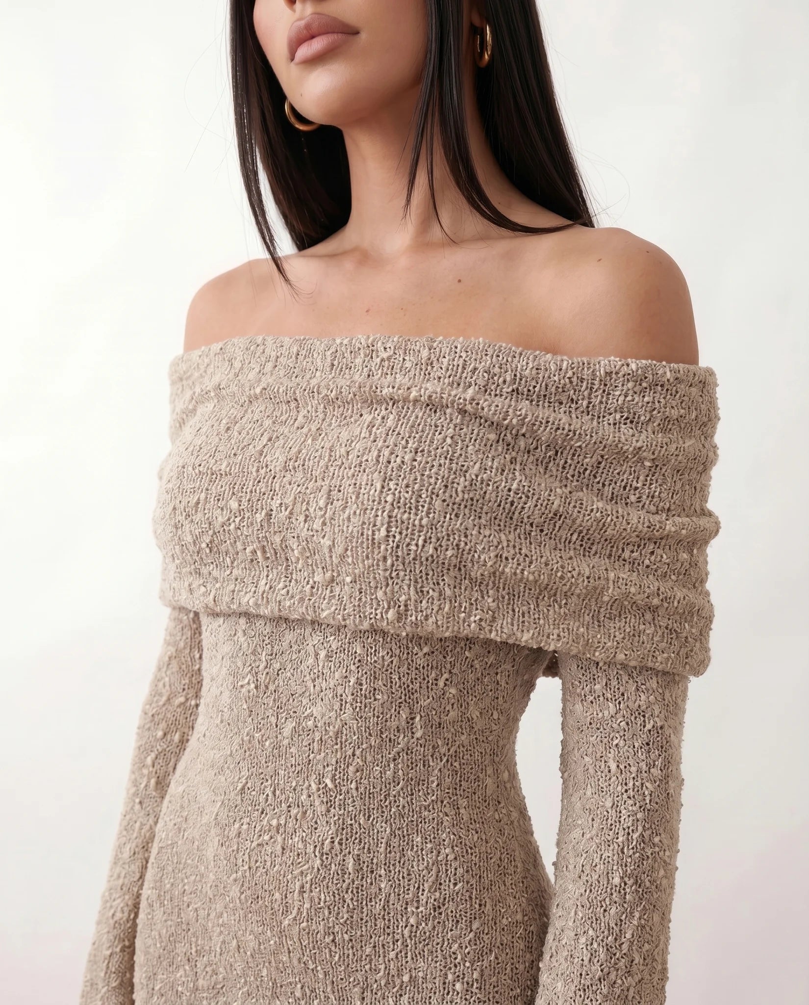 Iustina Cocktail Off Shoulder Maxi Dress in Beige — detail close-up