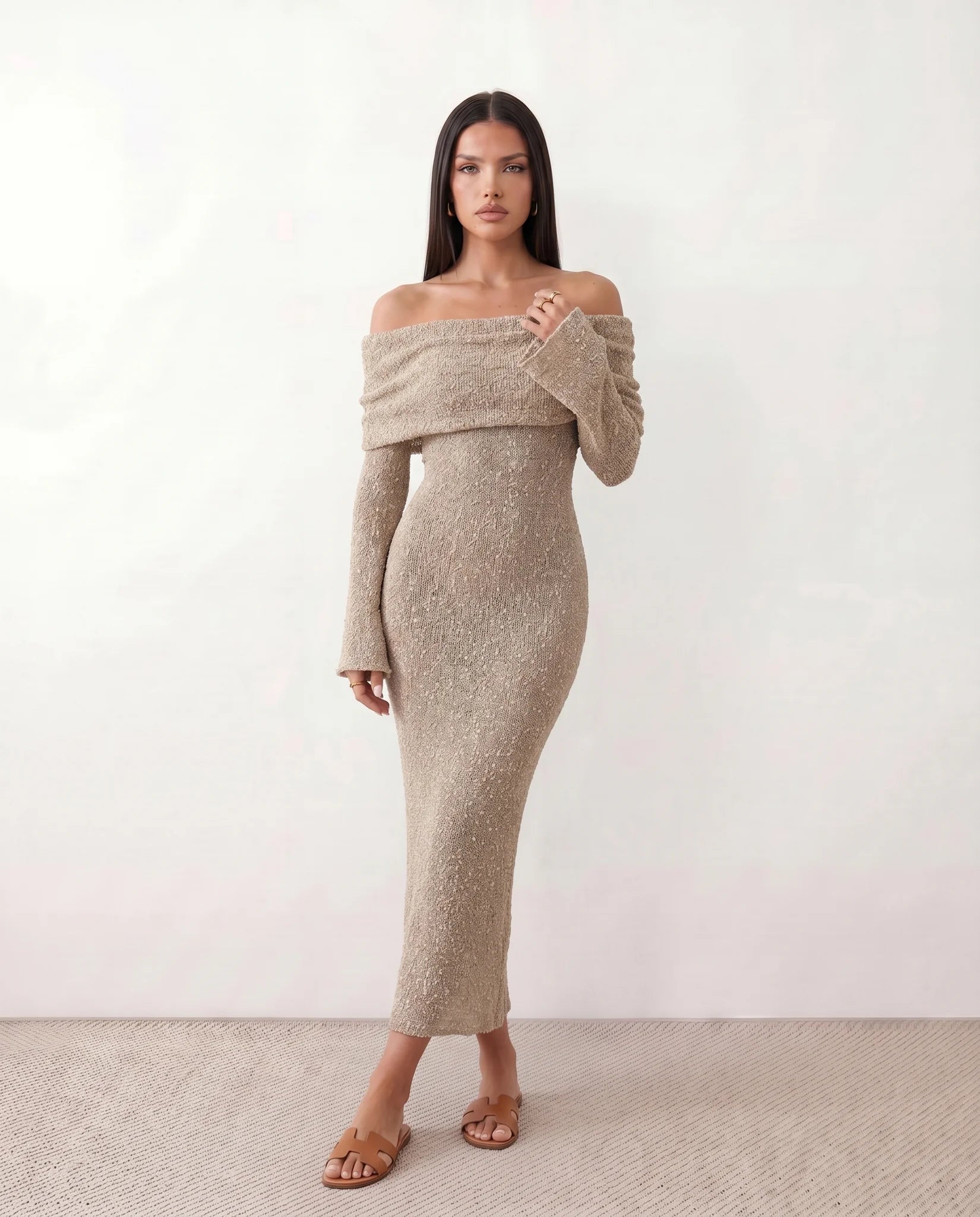 Iustina Cocktail Off Shoulder Maxi Dress in Beige — front view