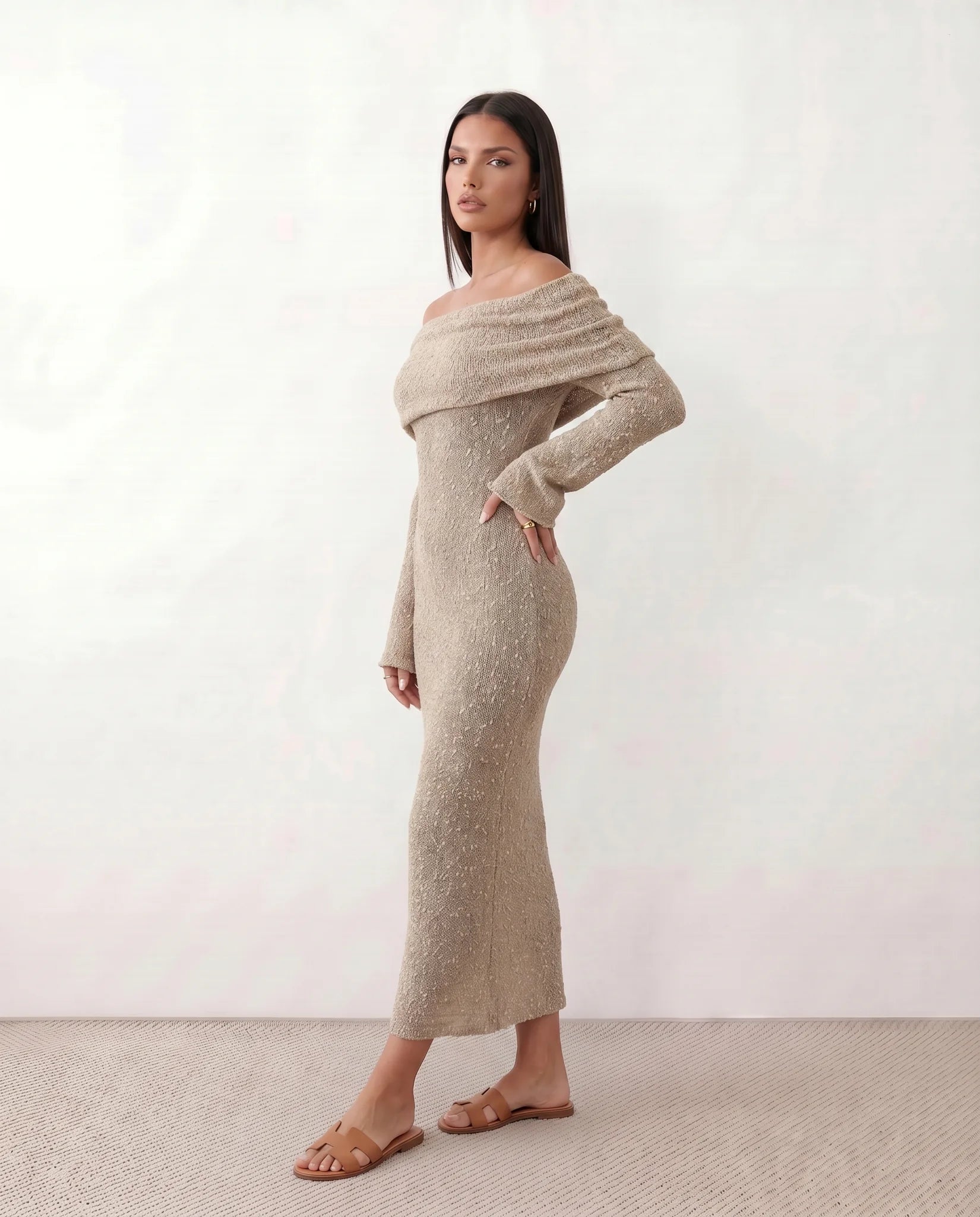 Iustina Cocktail Off Shoulder Maxi Dress in Beige — side view