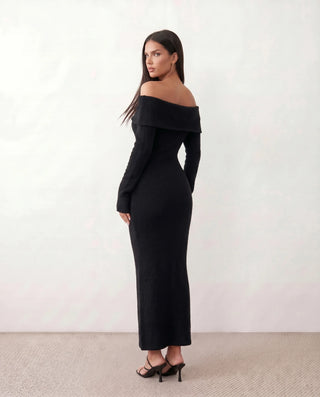 Iustina Cocktail Off Shoulder Maxi Dress in Black — back view