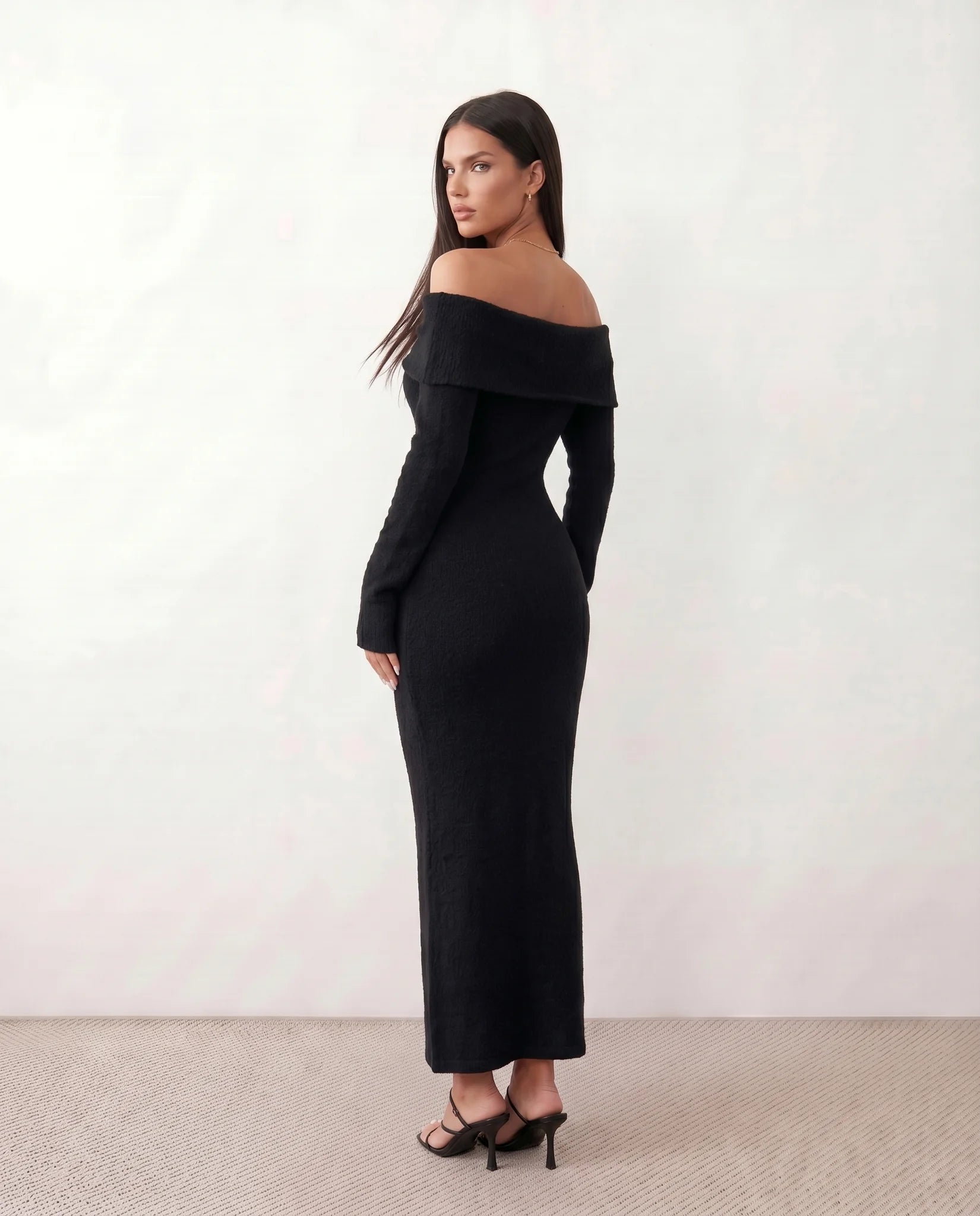 Iustina Cocktail Off Shoulder Maxi Dress in Black — back view
