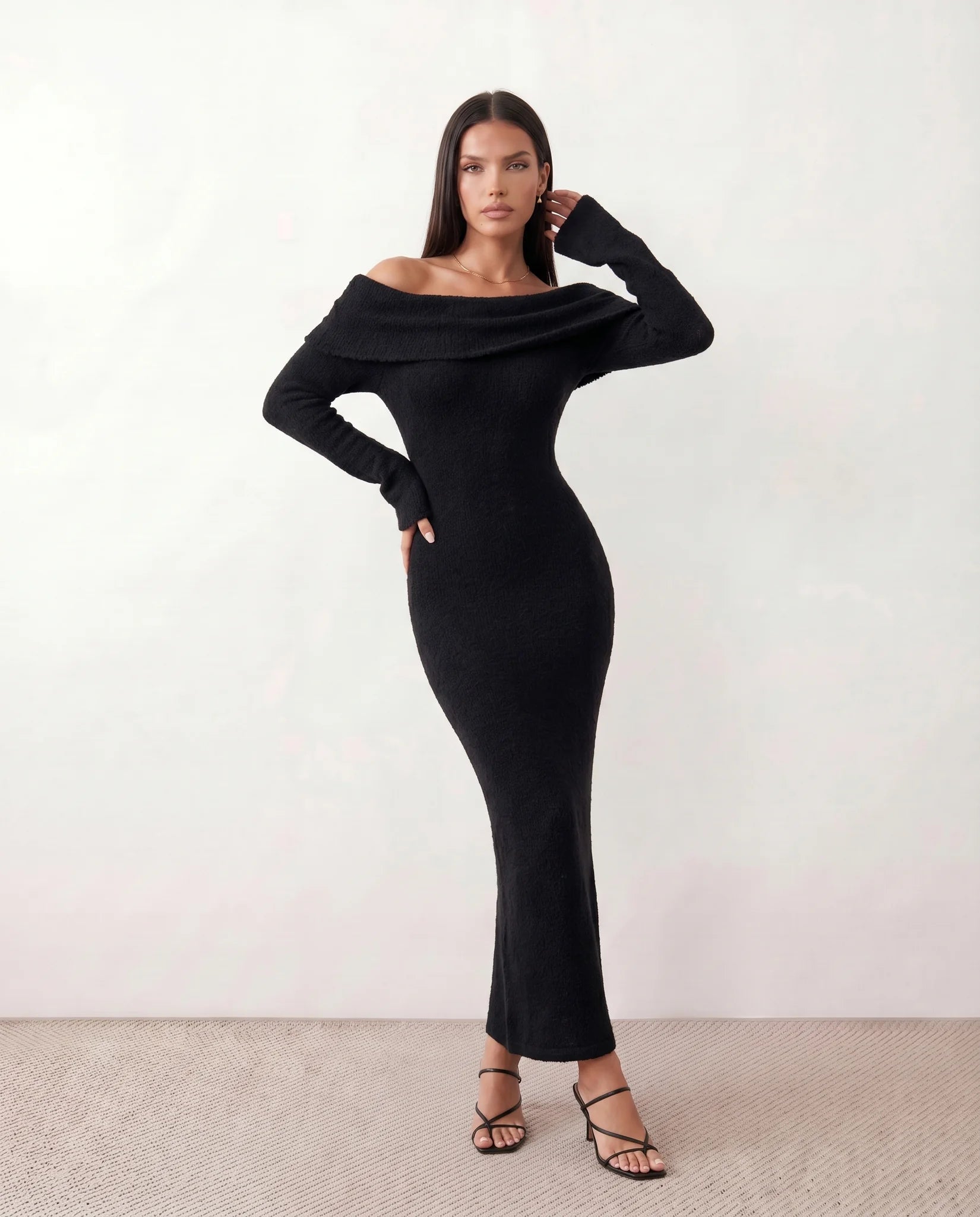Iustina Cocktail Off Shoulder Maxi Dress in Black — front view