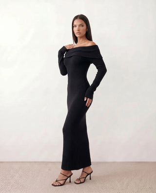 Iustina Cocktail Off Shoulder Maxi Dress in Black — side view