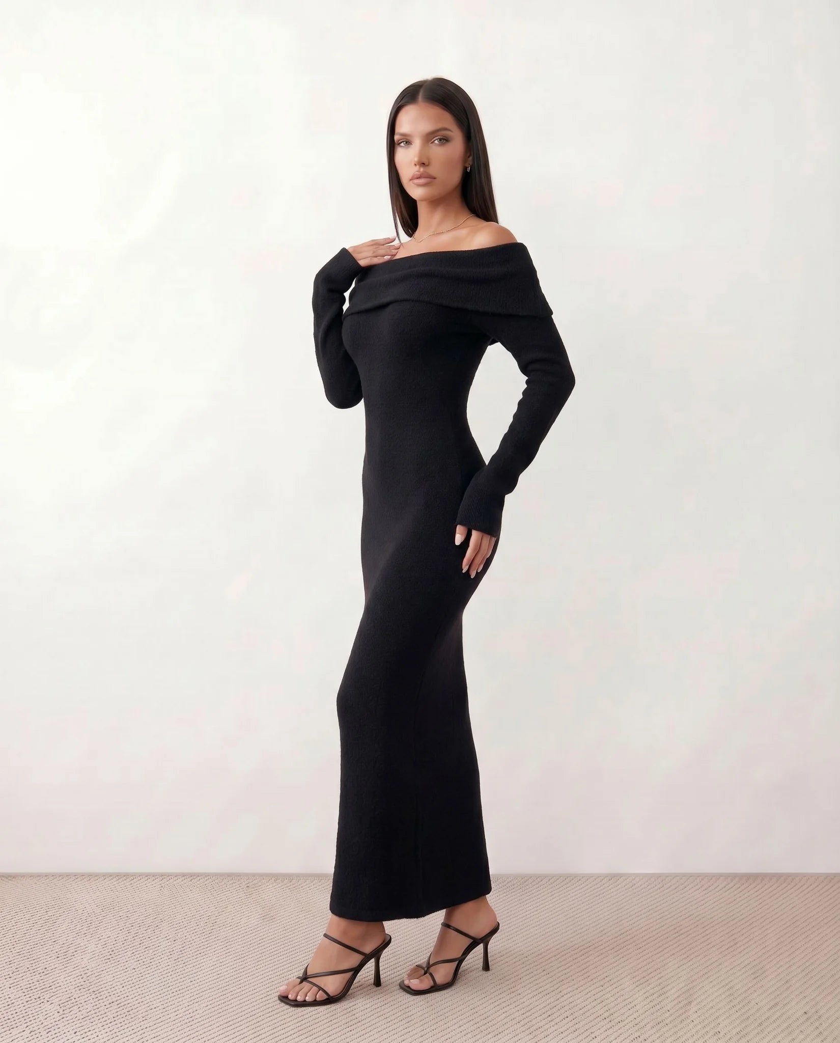 Iustina Cocktail Off Shoulder Maxi Dress in Black — side view