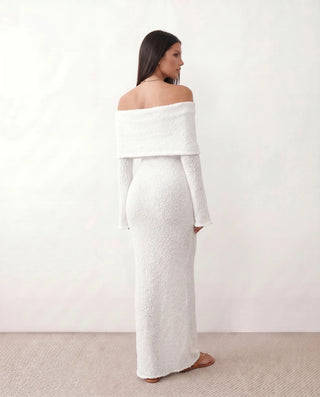 Iustina Cocktail Off Shoulder Maxi Dress in White — back view