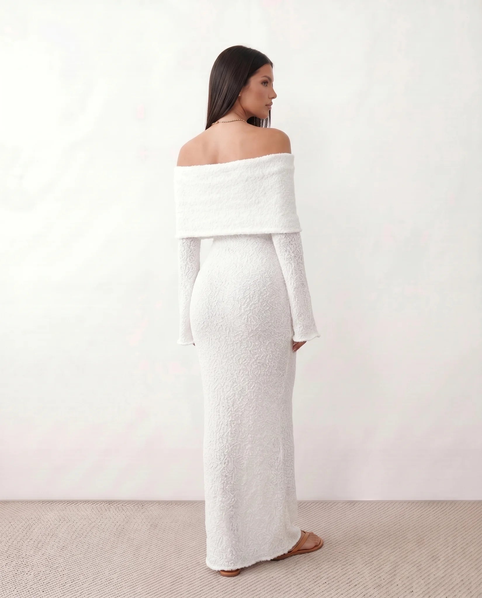 Iustina Cocktail Off Shoulder Maxi Dress in White — back view