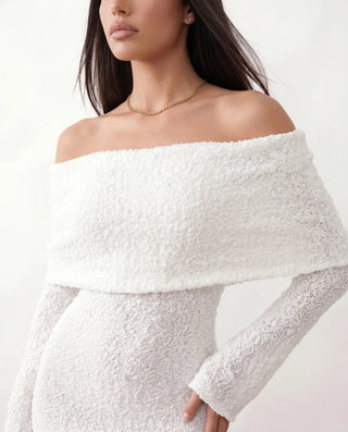 Iustina Cocktail Off Shoulder Maxi Dress in White — detail close-up