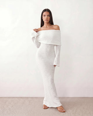 Iustina Cocktail Off Shoulder Maxi Dress in White — front view