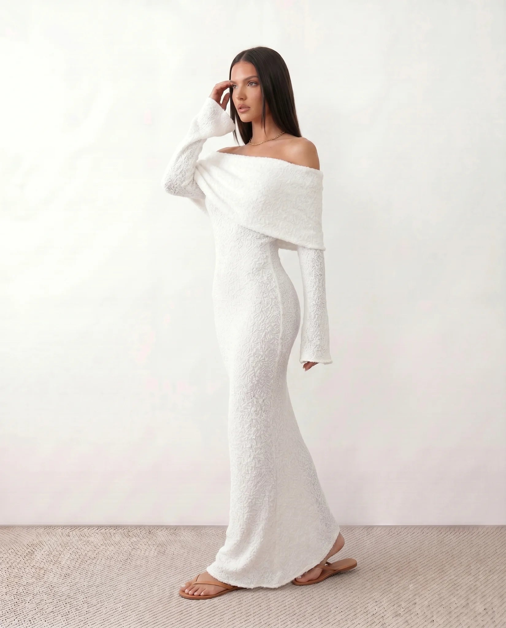 Iustina Cocktail Off Shoulder Maxi Dress in White — side view