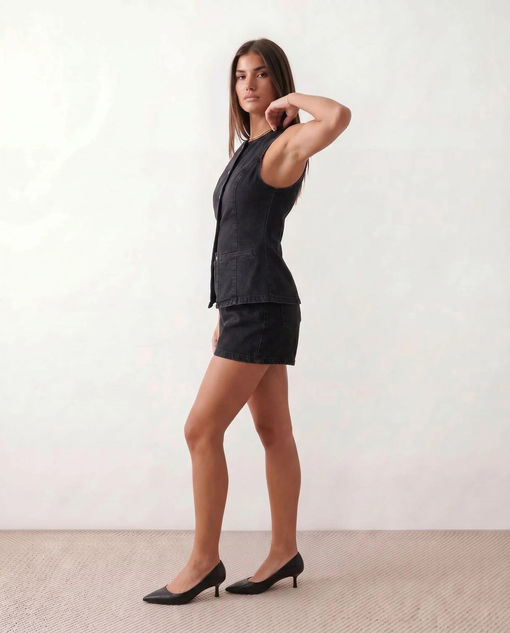 Celinda Vest and shorts Denim Two-Piece Set in Black — side view