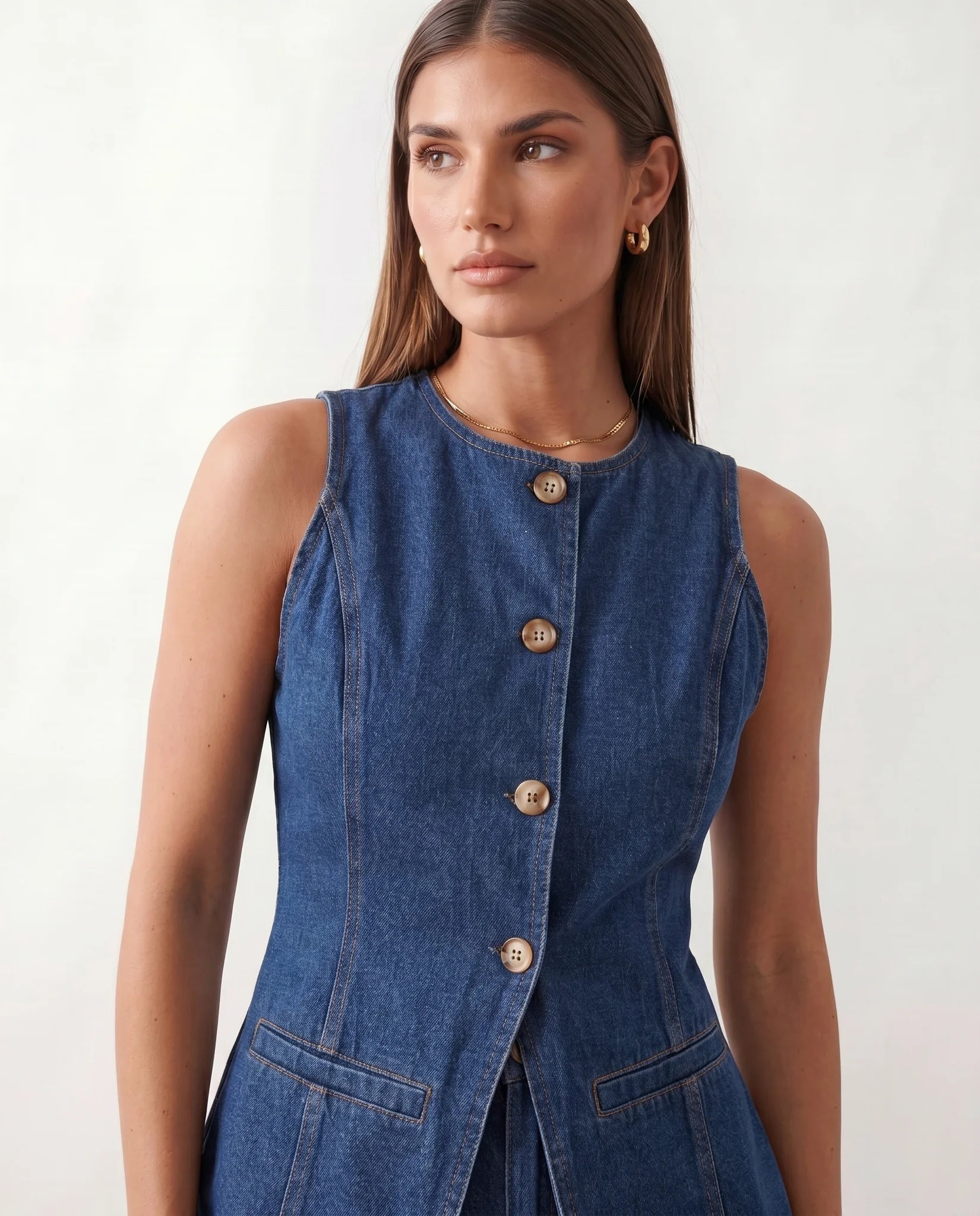 Celinda Vest and shorts Denim Two-Piece Set in Blue — detail close-up