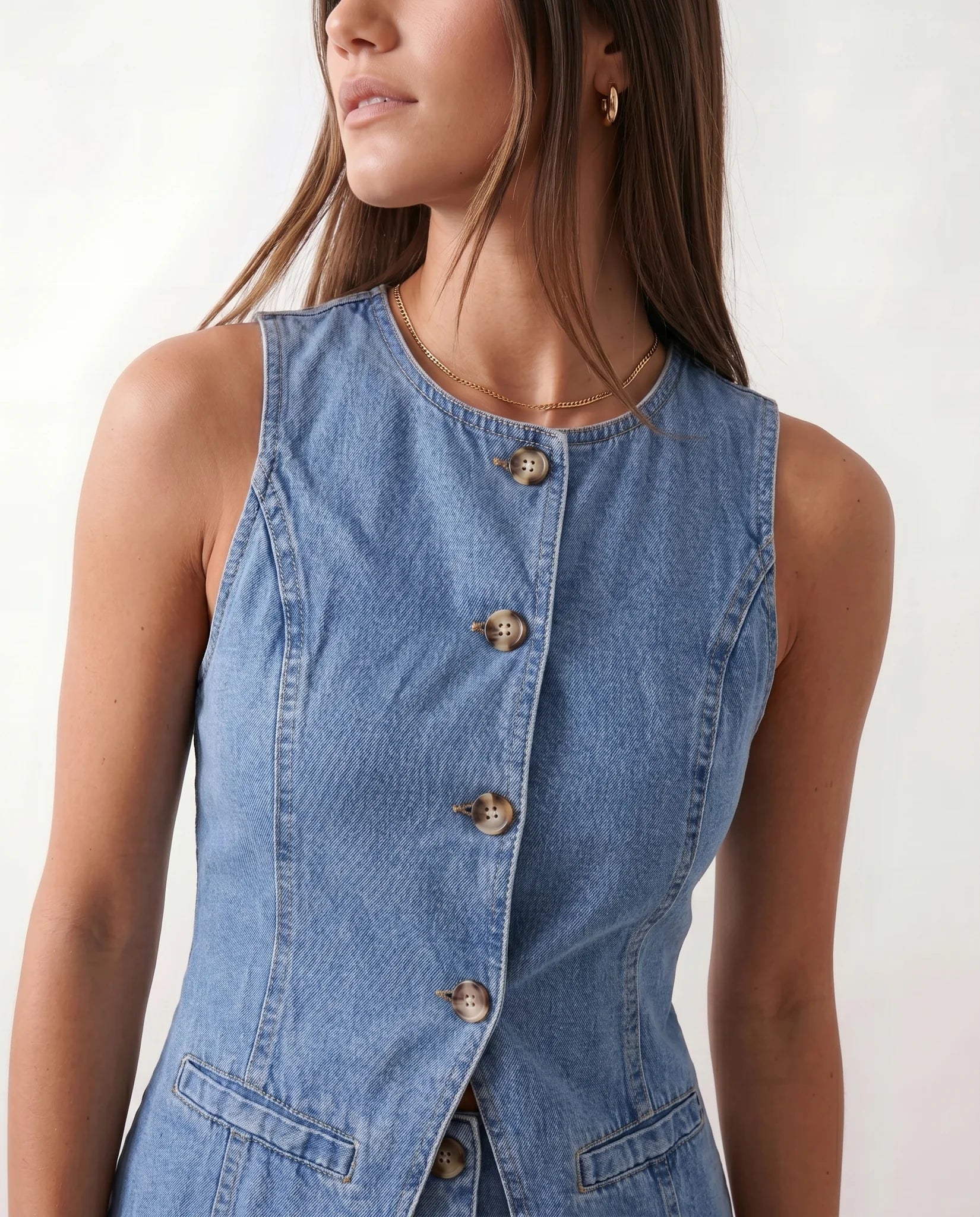 Celinda Vest and shorts Denim Two-Piece Set in Light Blue — detail close-up