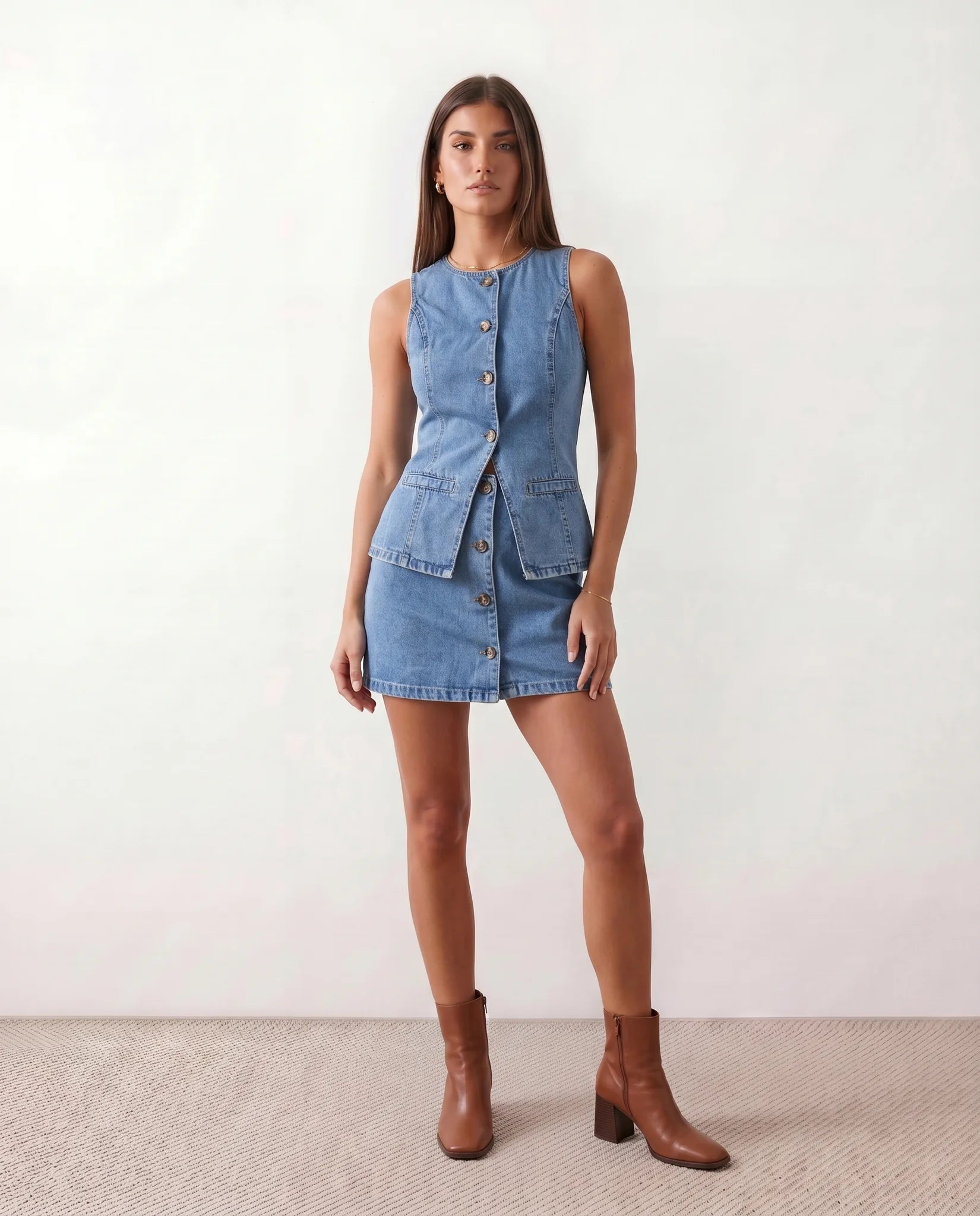 Celinda Vest and shorts Denim Two-Piece Set in Light Blue — front view