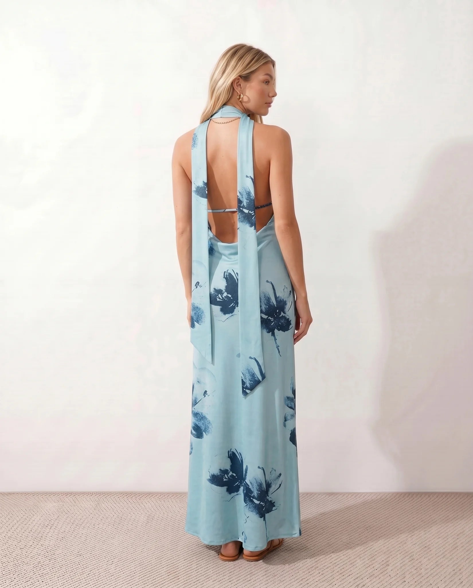 Aleena Wedding Guest Cowl Neck Maxi Dress in Floral Blue — back view