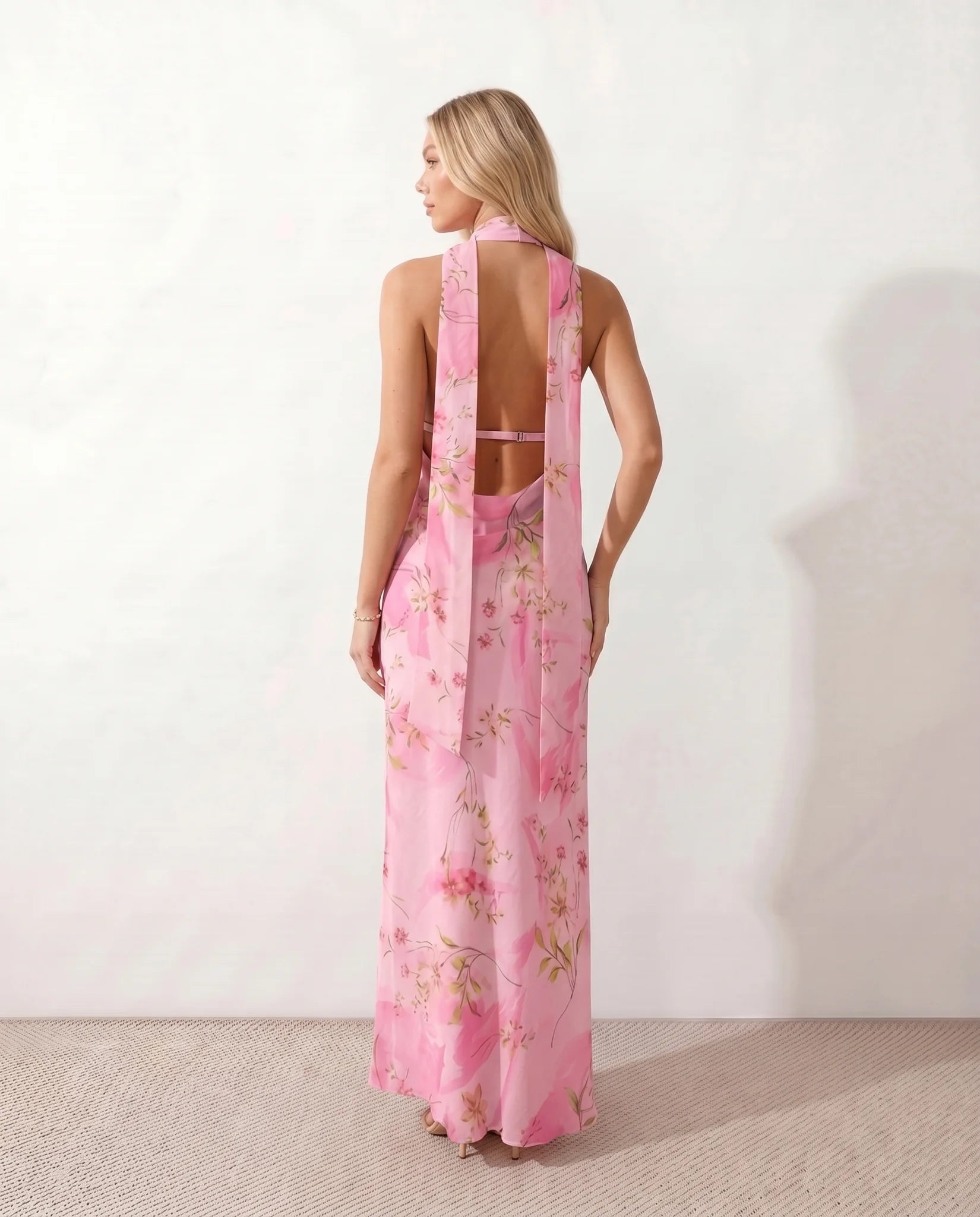 Aleena Wedding Guest Cowl Neck Maxi Dress in Floral Pink — back view