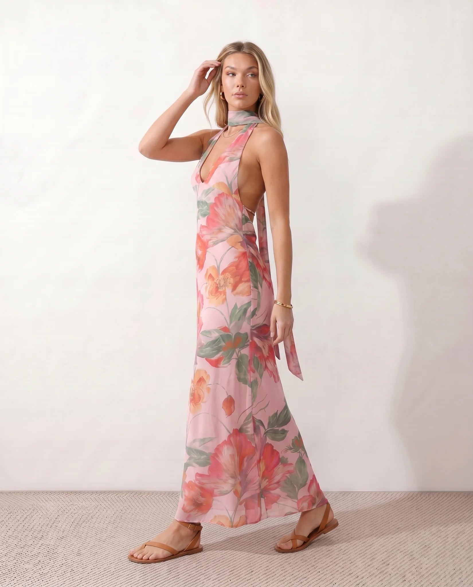 Aleena Wedding Guest Cowl Neck Maxi Dress in Floral Purple — side view