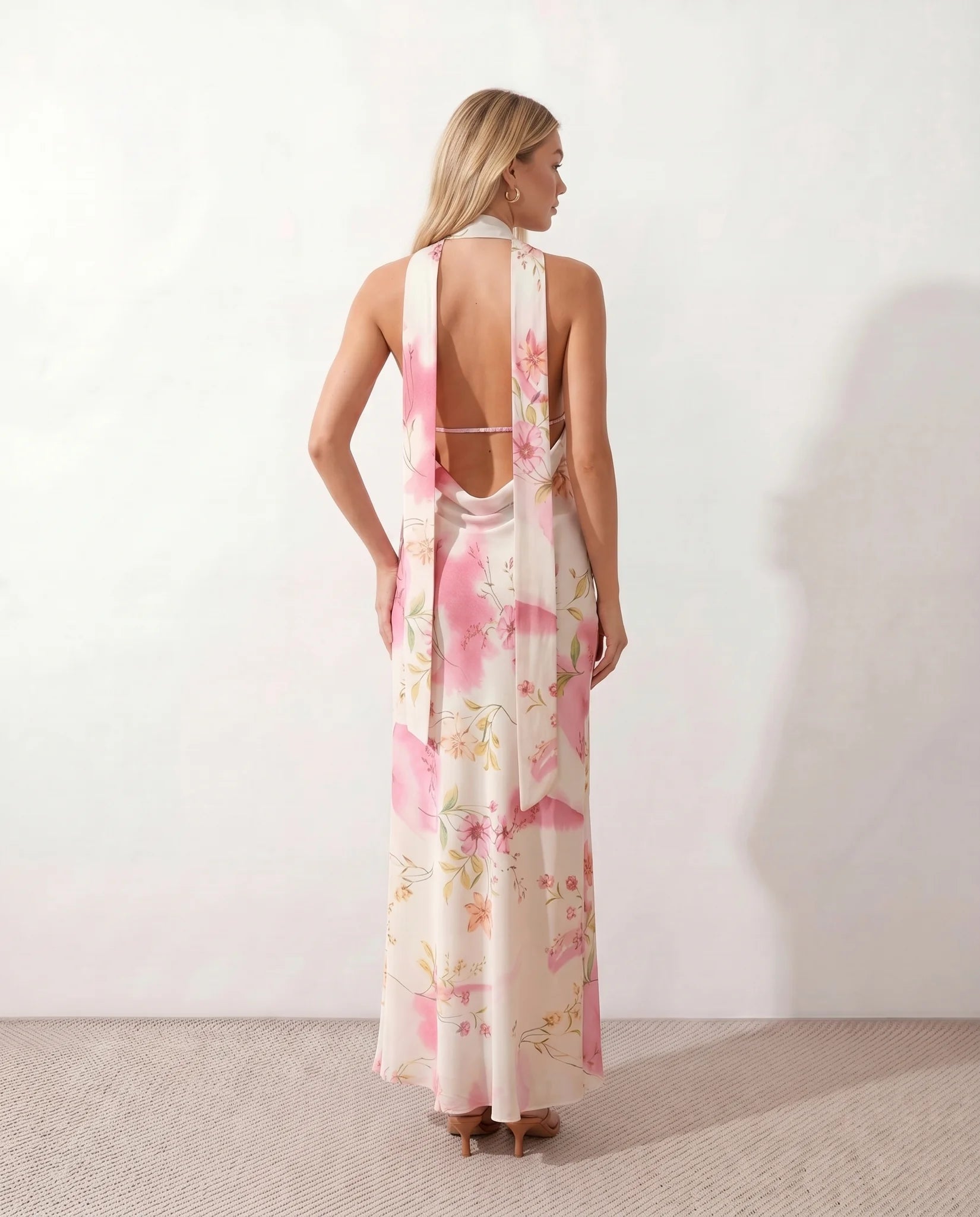 Aleena Wedding Guest Cowl Neck Maxi Dress in Floral White — back view
