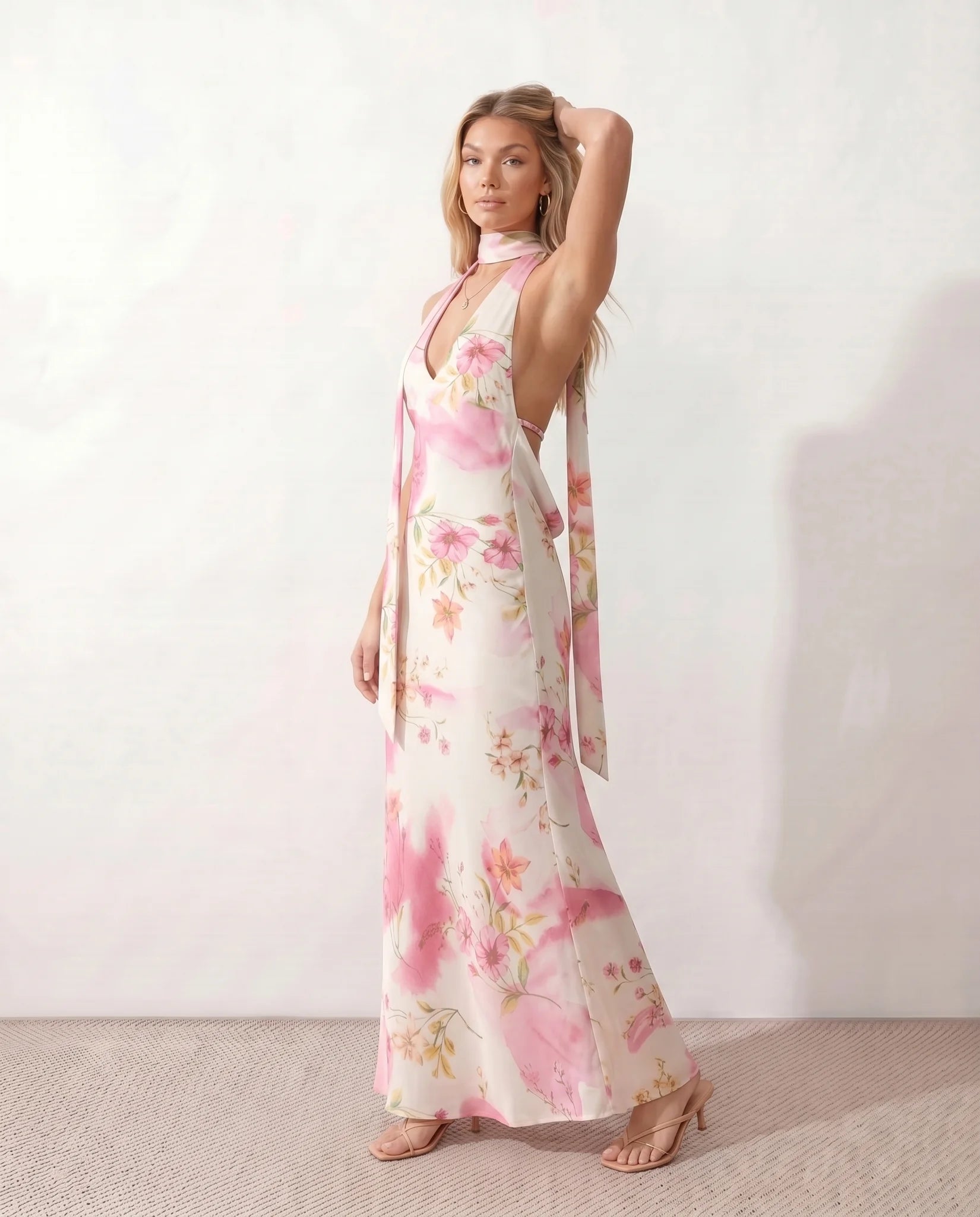 Aleena Wedding Guest Cowl Neck Maxi Dress in Floral White — side view