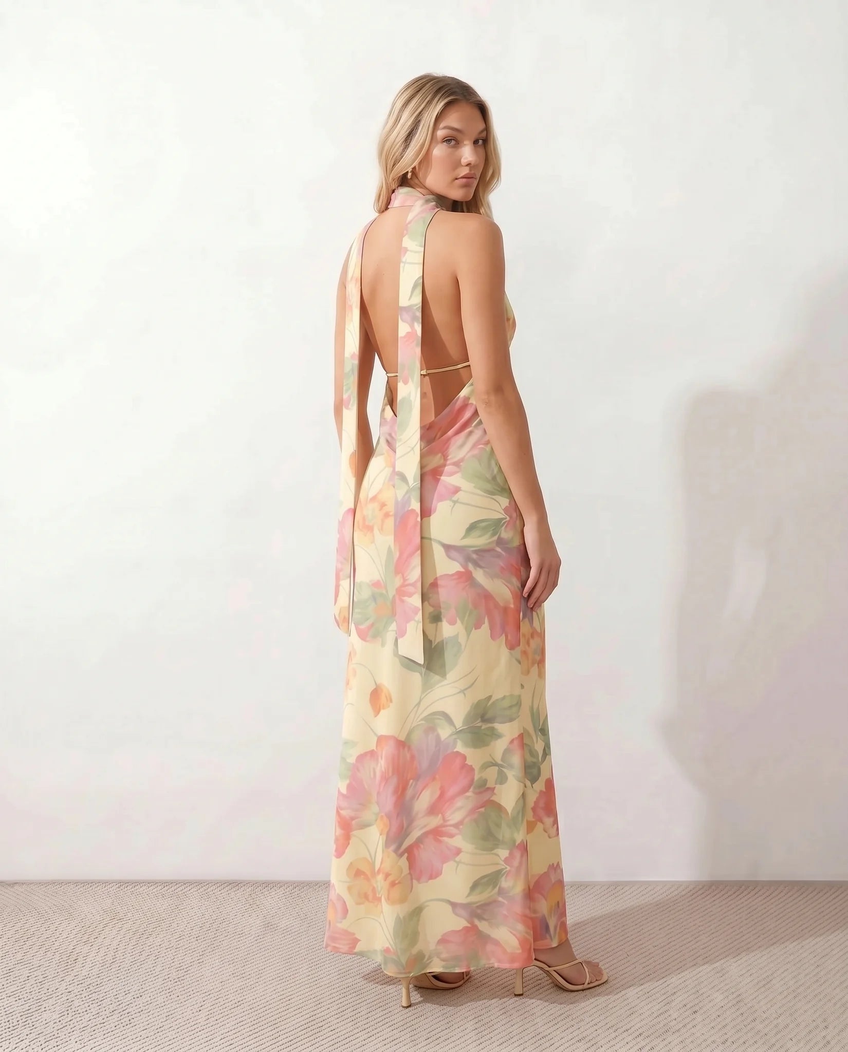 Aleena Wedding Guest Cowl Neck Maxi Dress in Floral Yellow — back view