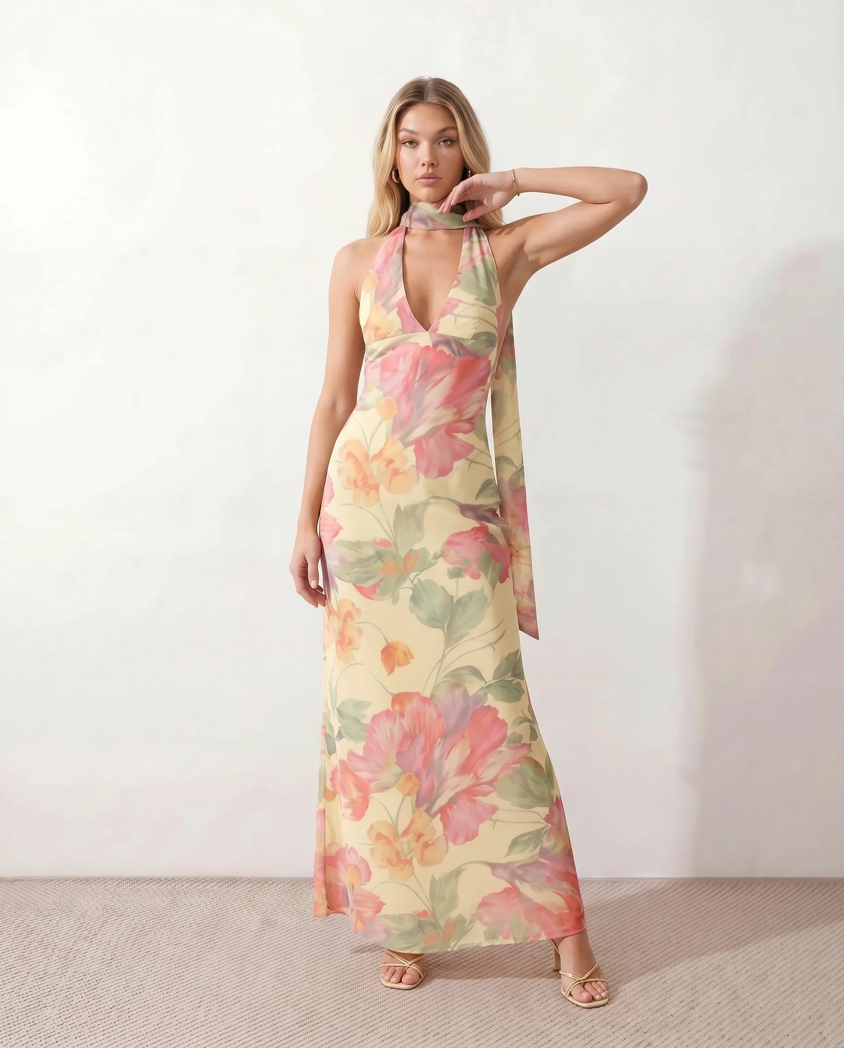 Aleena Wedding Guest Cowl Neck Maxi Dress in Floral Yellow — front view