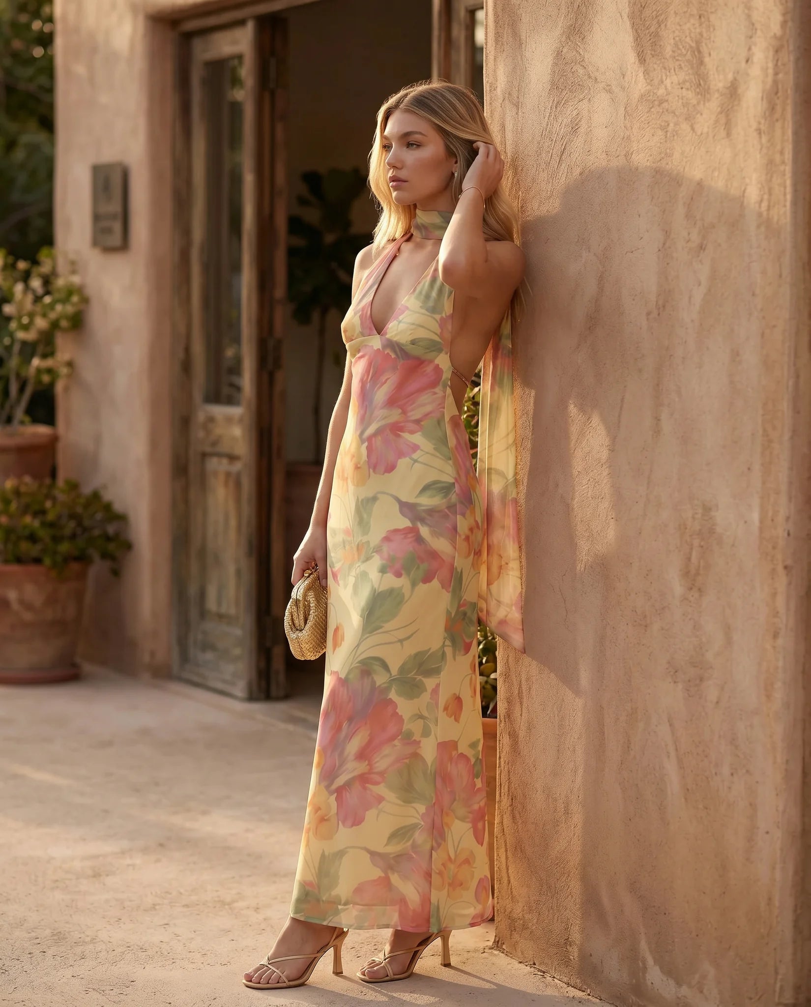 Aleena Wedding Guest Cowl Neck Maxi Dress in Floral Yellow — lifestyle occasion view