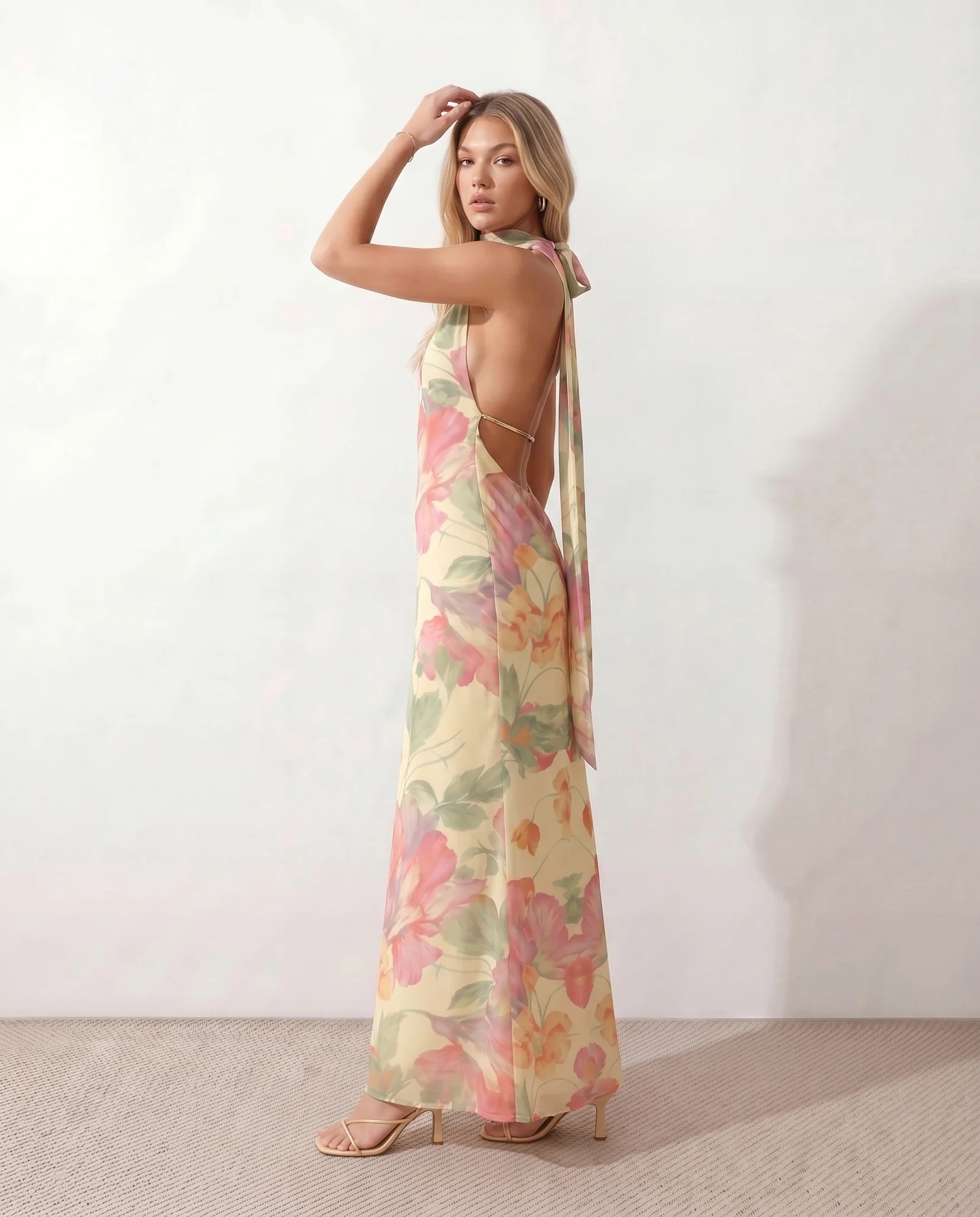 Aleena Wedding Guest Cowl Neck Maxi Dress in Floral Yellow — side view