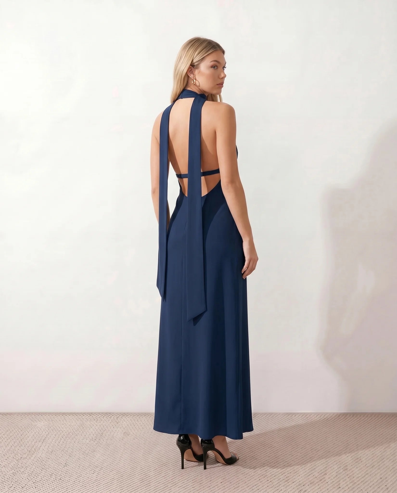 Aleena Wedding Guest Cowl Neck Maxi Dress in Navy — back view