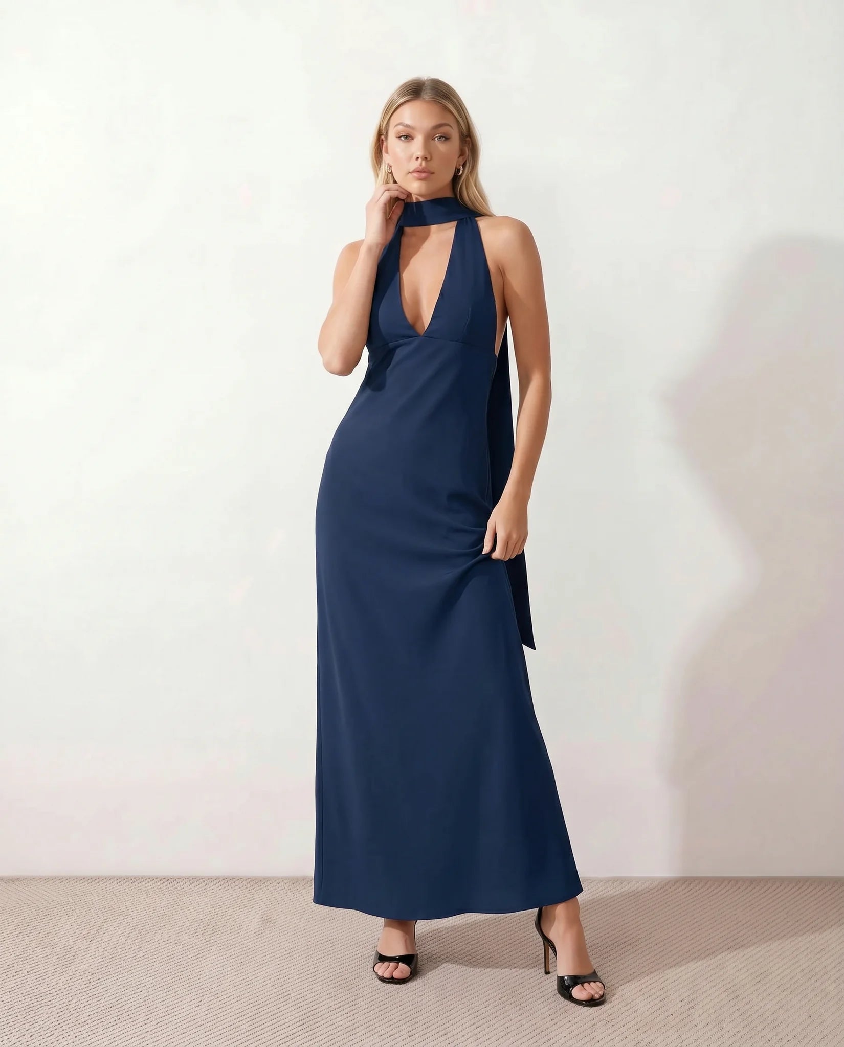 Aleena Wedding Guest Cowl Neck Maxi Dress in Navy — front view