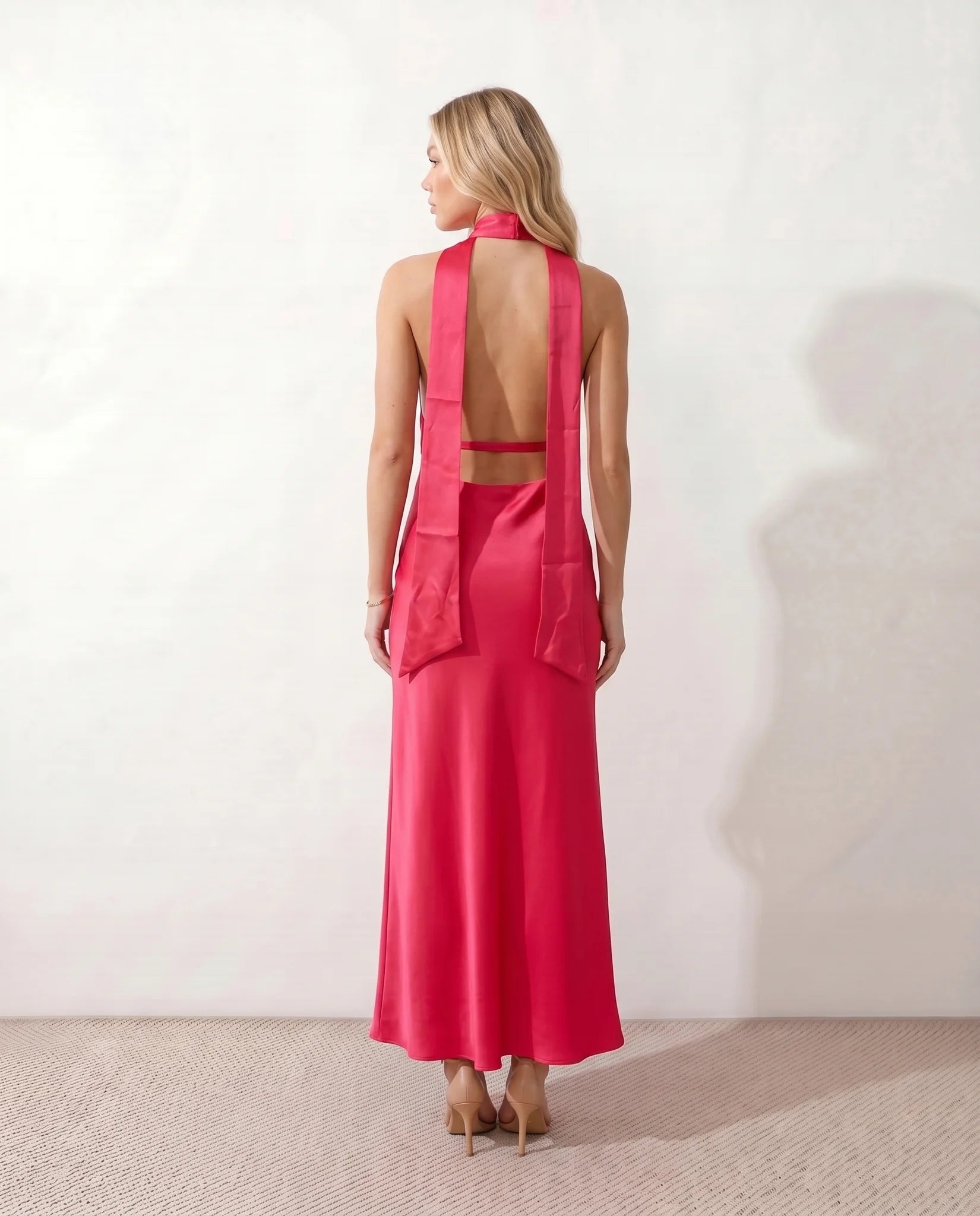 Aleena Wedding Guest Cowl Neck Maxi Dress in Red — back view