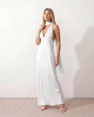Aleena Wedding Guest Cowl Neck Maxi Dress in White — front view