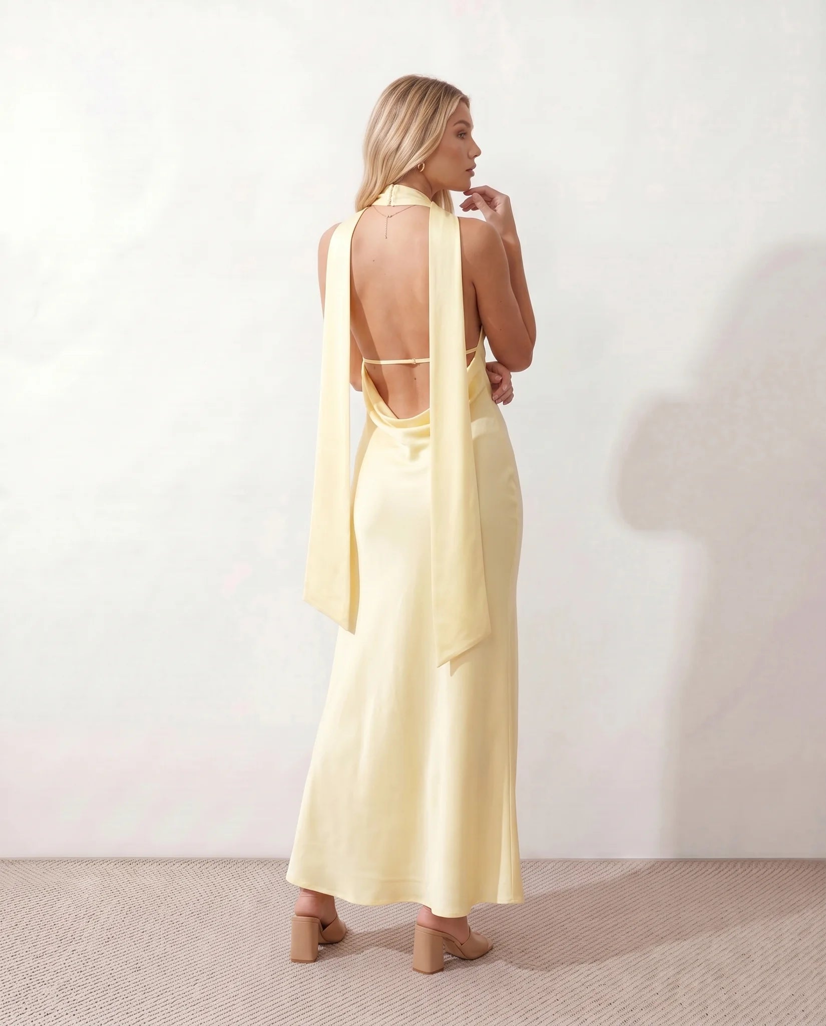Aleena Wedding Guest Cowl Neck Maxi Dress in Yellow — back view