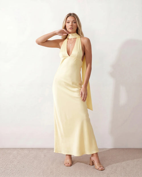 Aleena Wedding Guest Cowl Neck Maxi Dress in Yellow — front view