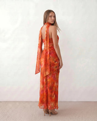 Diana Cocktail Satin Maxi Dress in Abstract Orange — back view