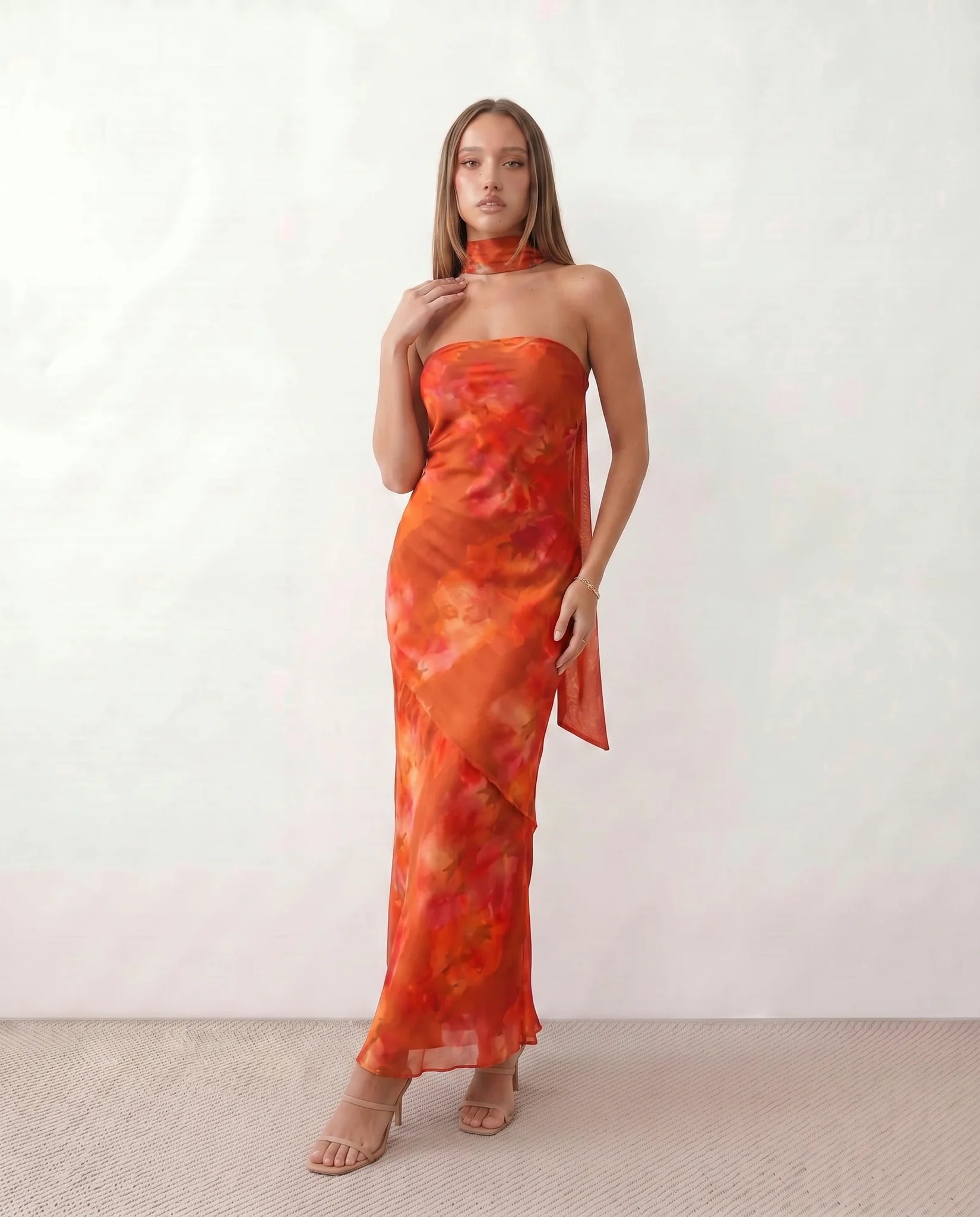 Diana Cocktail Satin Maxi Dress in Abstract Orange — front view