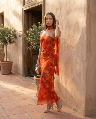 Diana Cocktail Satin Maxi Dress in Abstract Orange — lifestyle occasion view