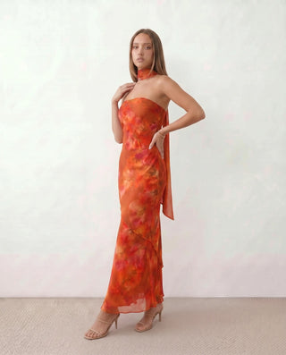Diana Cocktail Satin Maxi Dress in Abstract Orange — side view