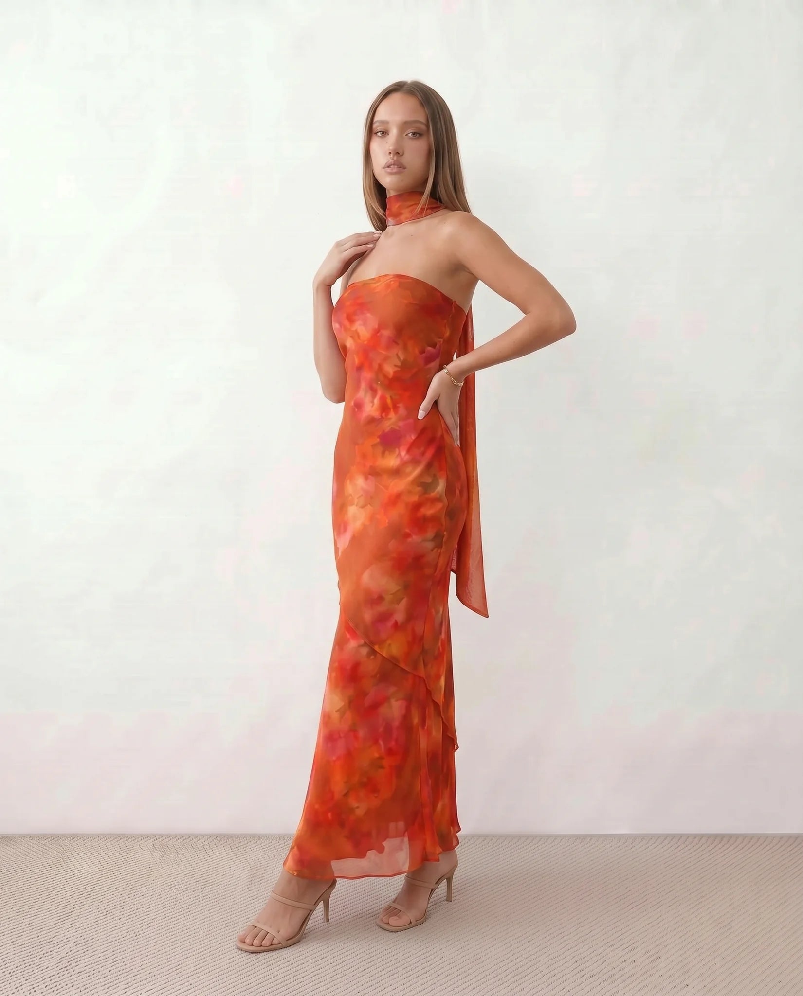 Diana Cocktail Satin Maxi Dress in Abstract Orange — side view