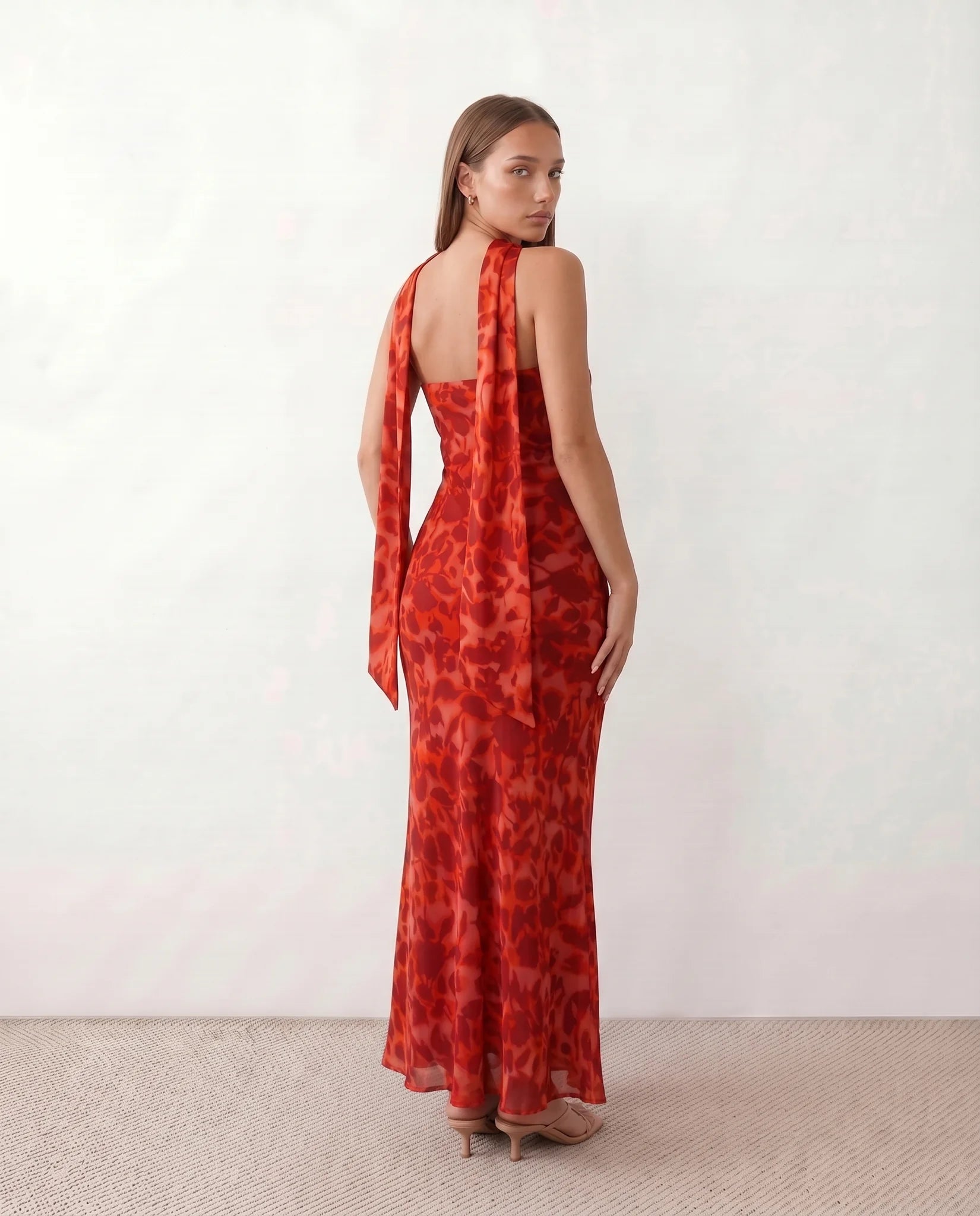 Diana Cocktail Satin Maxi Dress in Abstract Red — back view