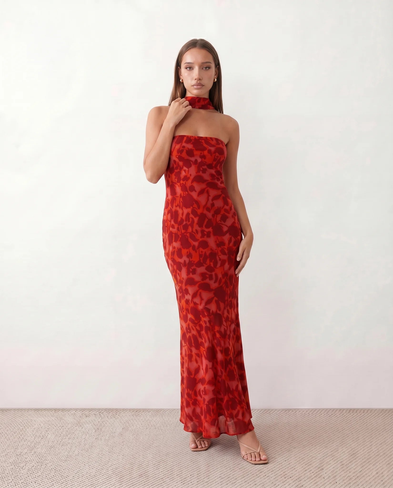 Diana Cocktail Satin Maxi Dress in Abstract Red — front view