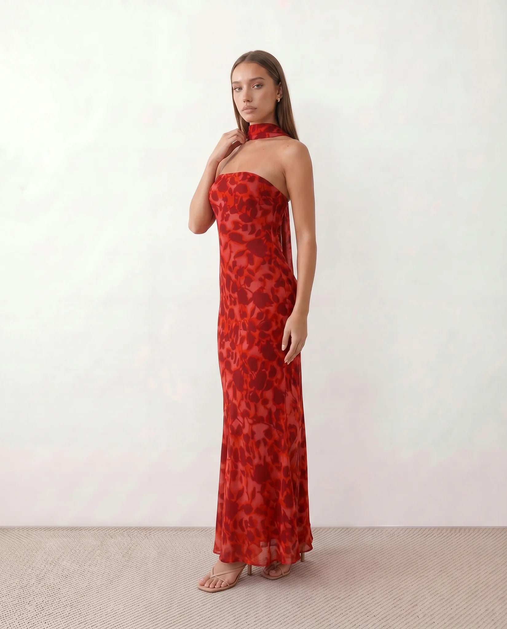 Diana Cocktail Satin Maxi Dress in Abstract Red — side view