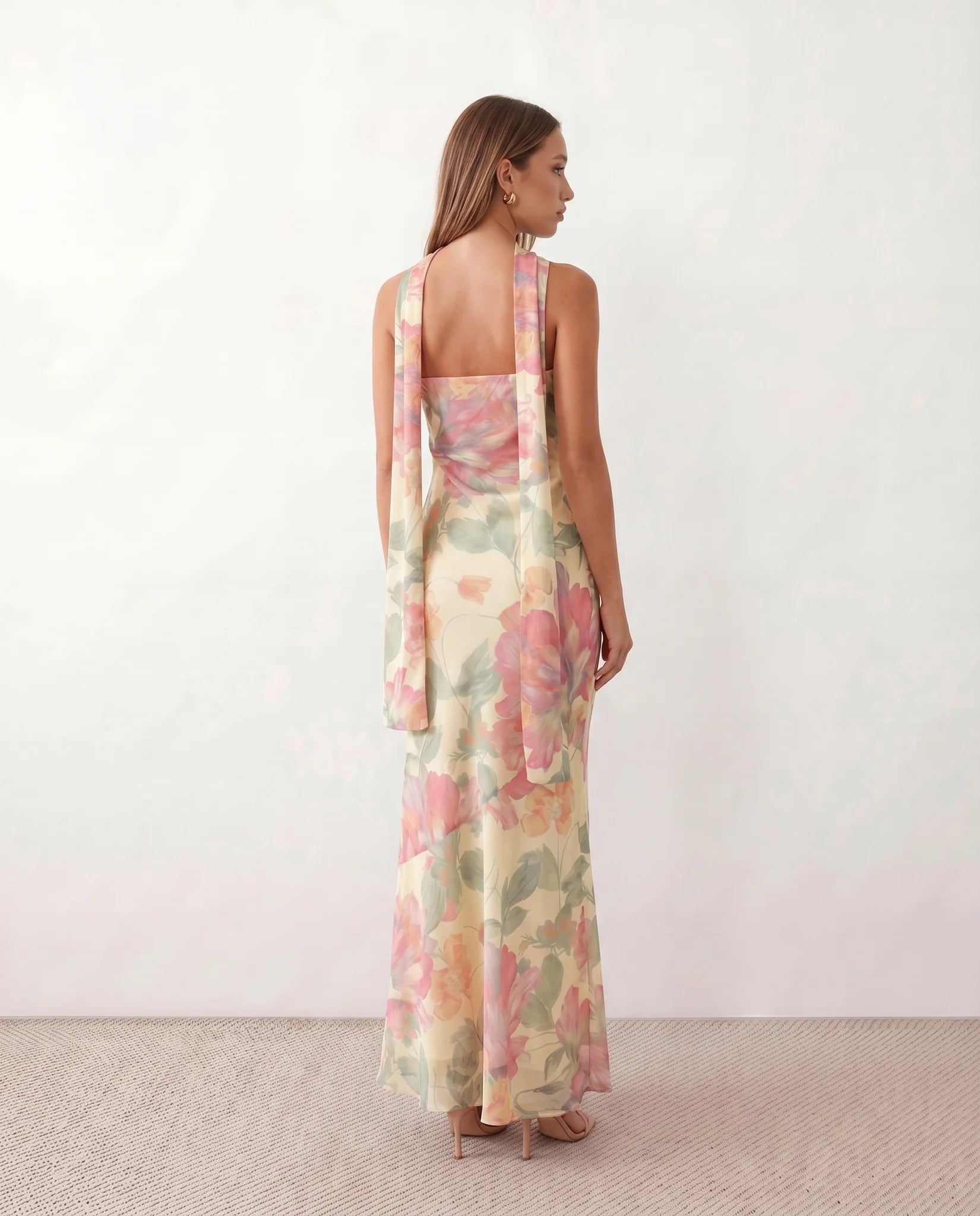 Diana Cocktail Satin Maxi Dress in Floral Beige — back view