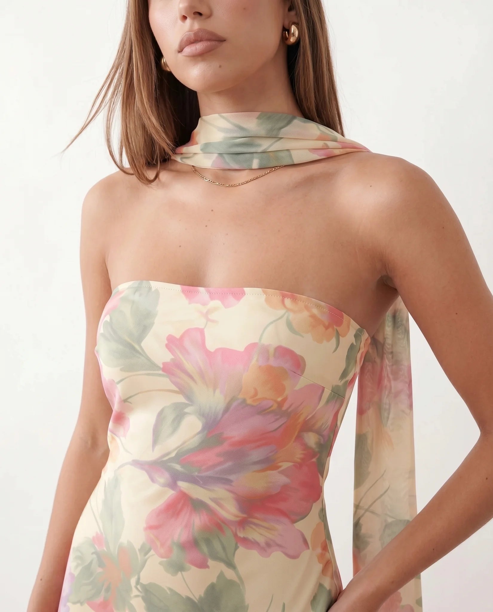 Diana Cocktail Satin Maxi Dress in Floral Beige — detail close-up
