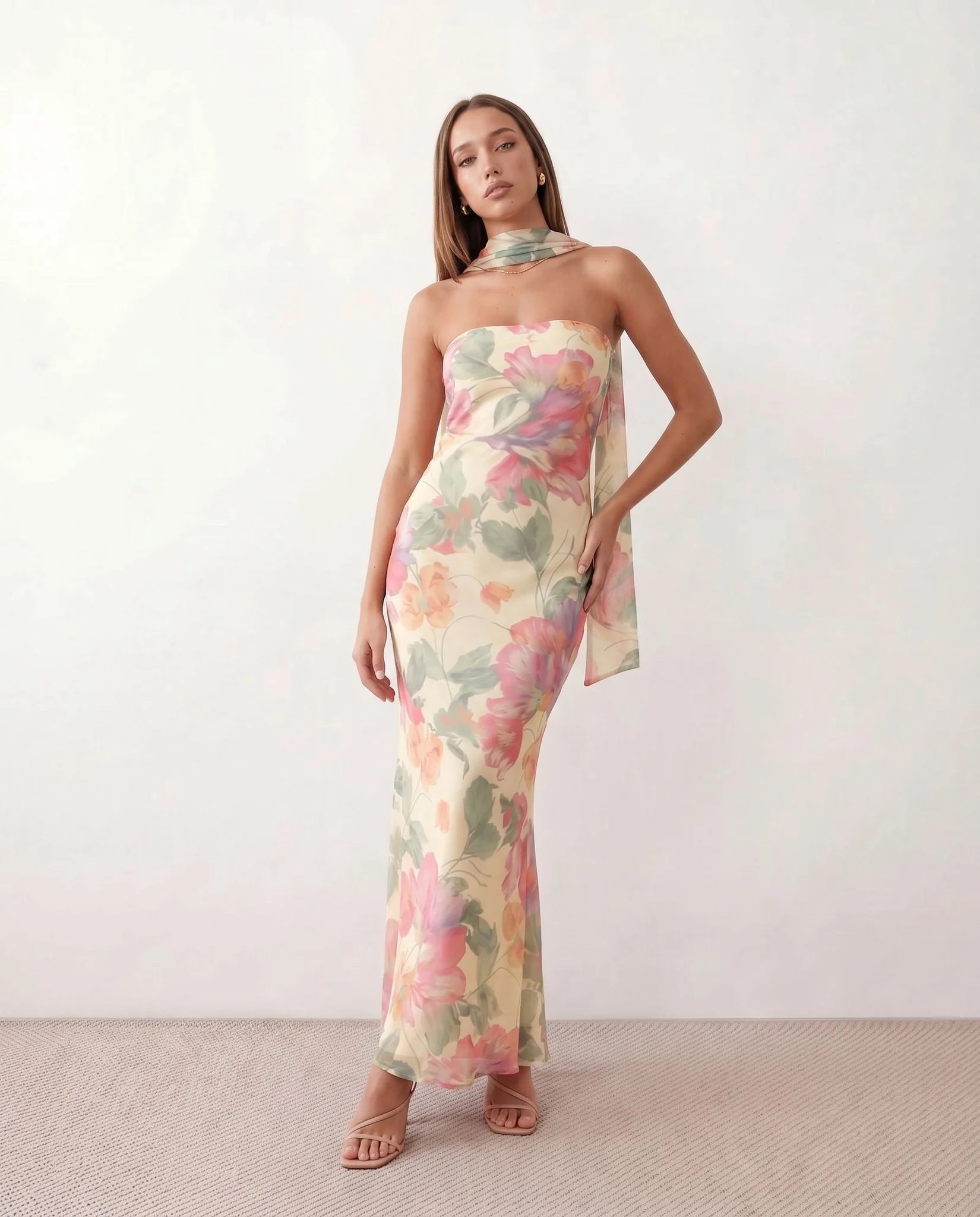 Diana Cocktail Satin Maxi Dress in Floral Beige — front view